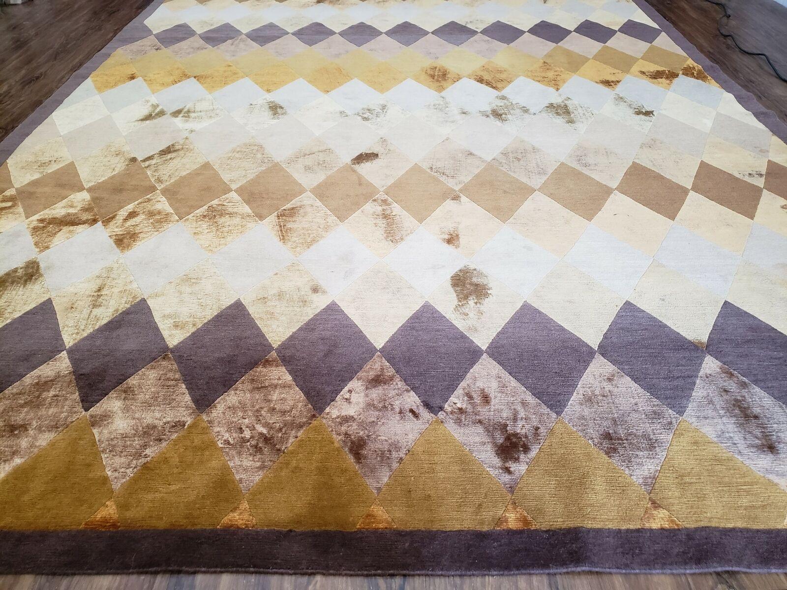 Modern Tibetan Rug 8.6 x 11, Wool and Silk, Multicolor, Diamond Panel Design