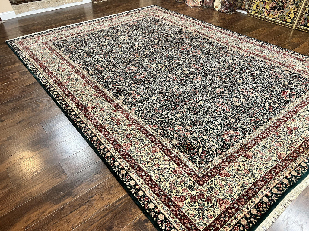 Large Sino Persian Rug 10x14, Wool Hand Knotted Vintage Carpet, Dark Green & Beige, Kirman Floral Rug, Fine Weave, Traditional, Large
