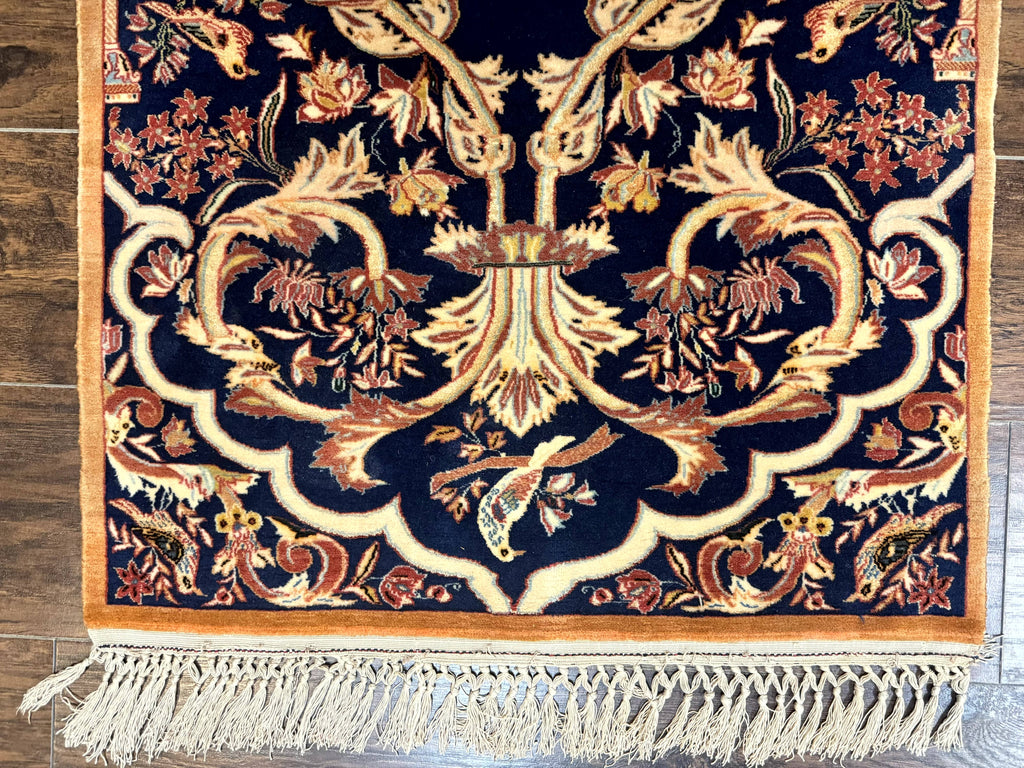 Persian Isfahan Rug 2x4, Birds, Navy Blue, Kork Wool on Silk Foundation, 460 KPSI