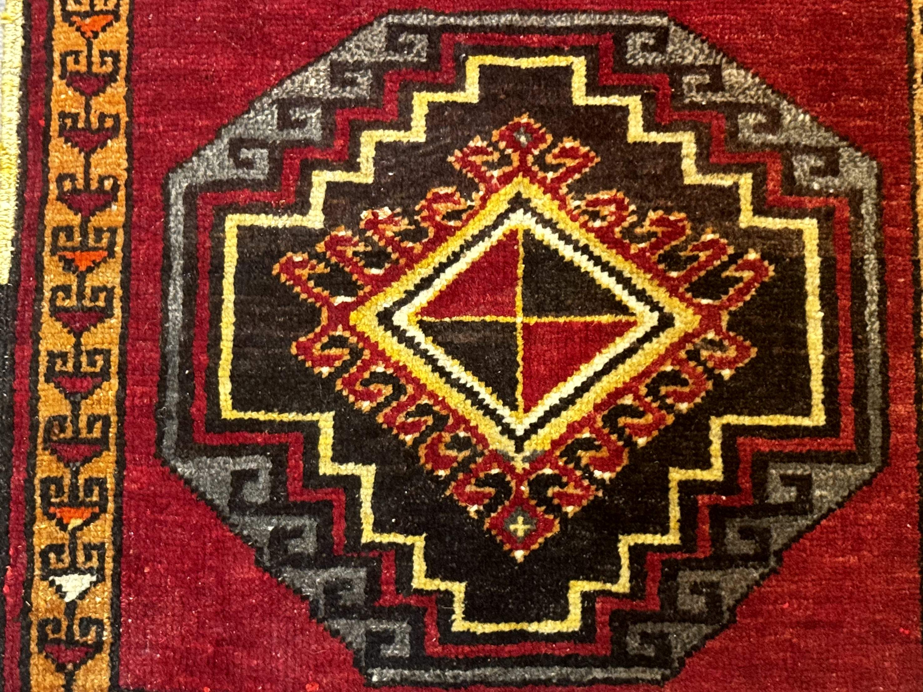 Small Antique Turkish Yastik Rug 2x3, Double Medallions, Geometric, Red, Wool