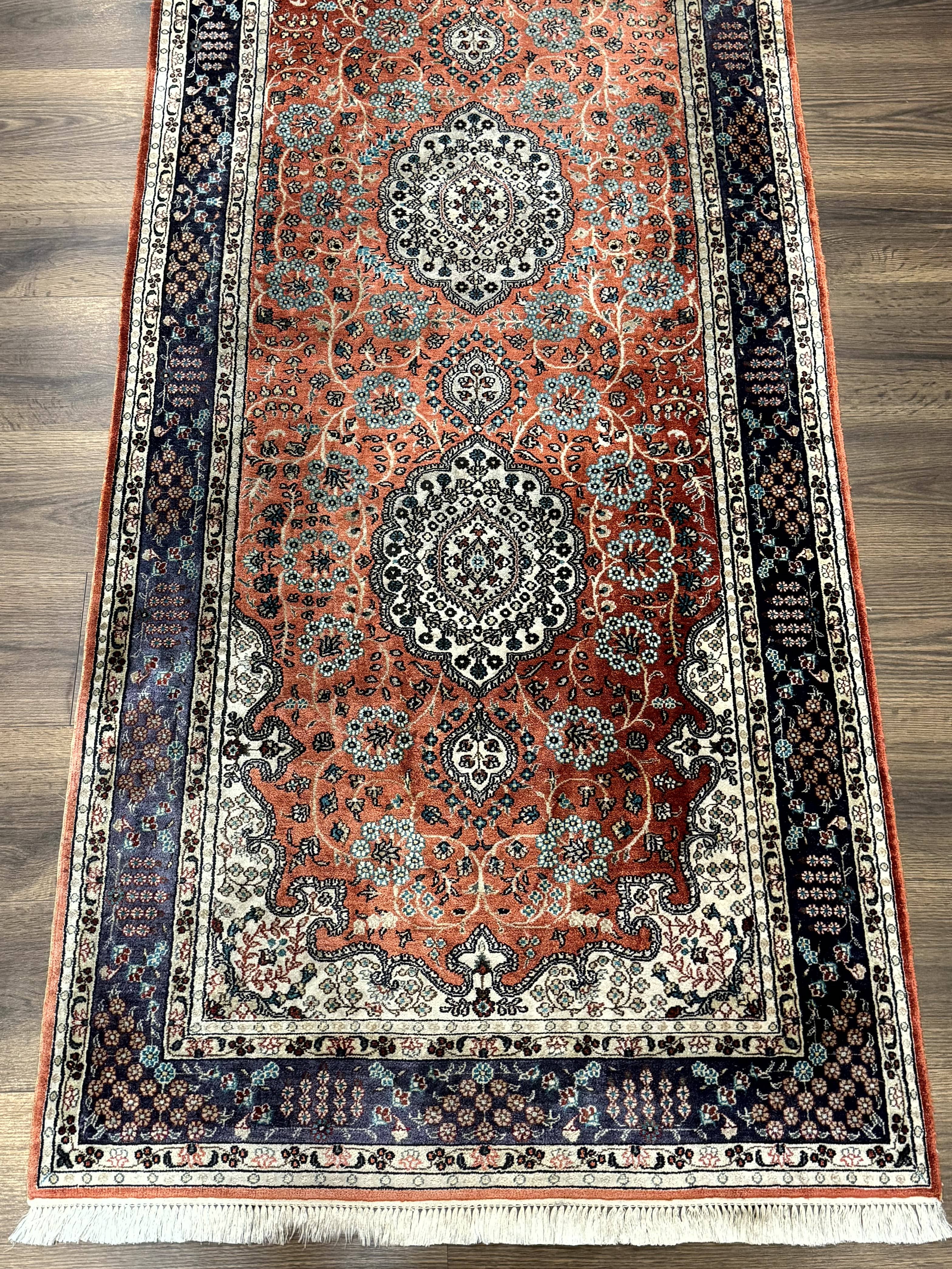 Turkish Silk Runner Rug 3x8, Short Runner Rug, Red, Floral Medallions, Very Fine 360 KPSI, 3 x 8 Runner