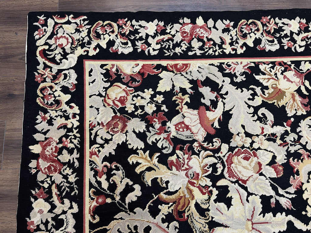 Wool Needlepoint Rug 9x12, William Morris Vintage Chinese Needlepoint Carpet 9 x 12, Handwoven, Allover Floral Area Rug, Black Light Green