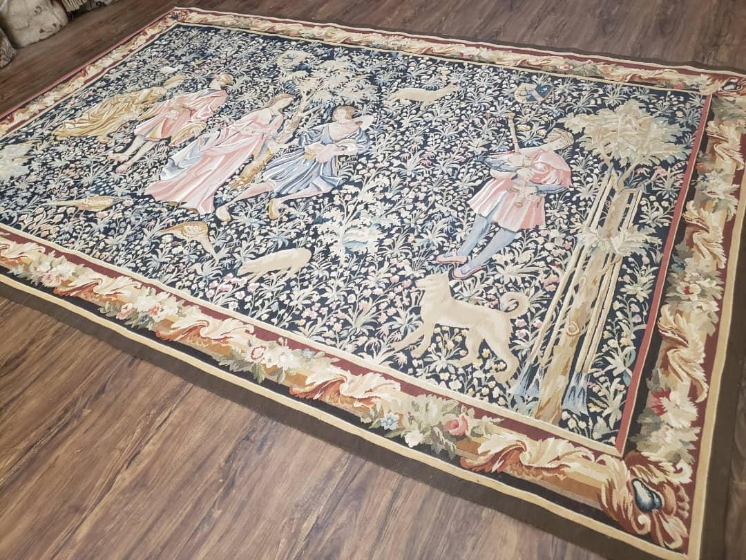 Vintage European Tapestry 5.4 x 7.11, Antique Style European Wall Hanging, Aubusson Weave Handmade Tapestry, Courtship Dating Scene, Animals
