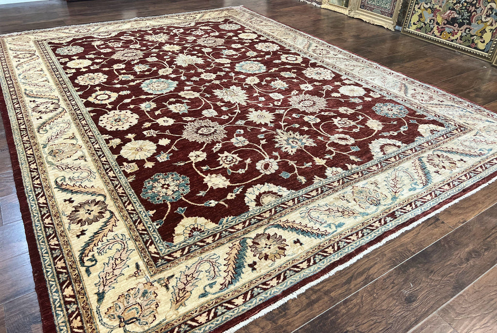 Peshawar Rug 9x11, Pakistani Oriental Carpet, Maroon and Beige, Floral Allover, Wool Hand Knotted Handmade Vintage Rug