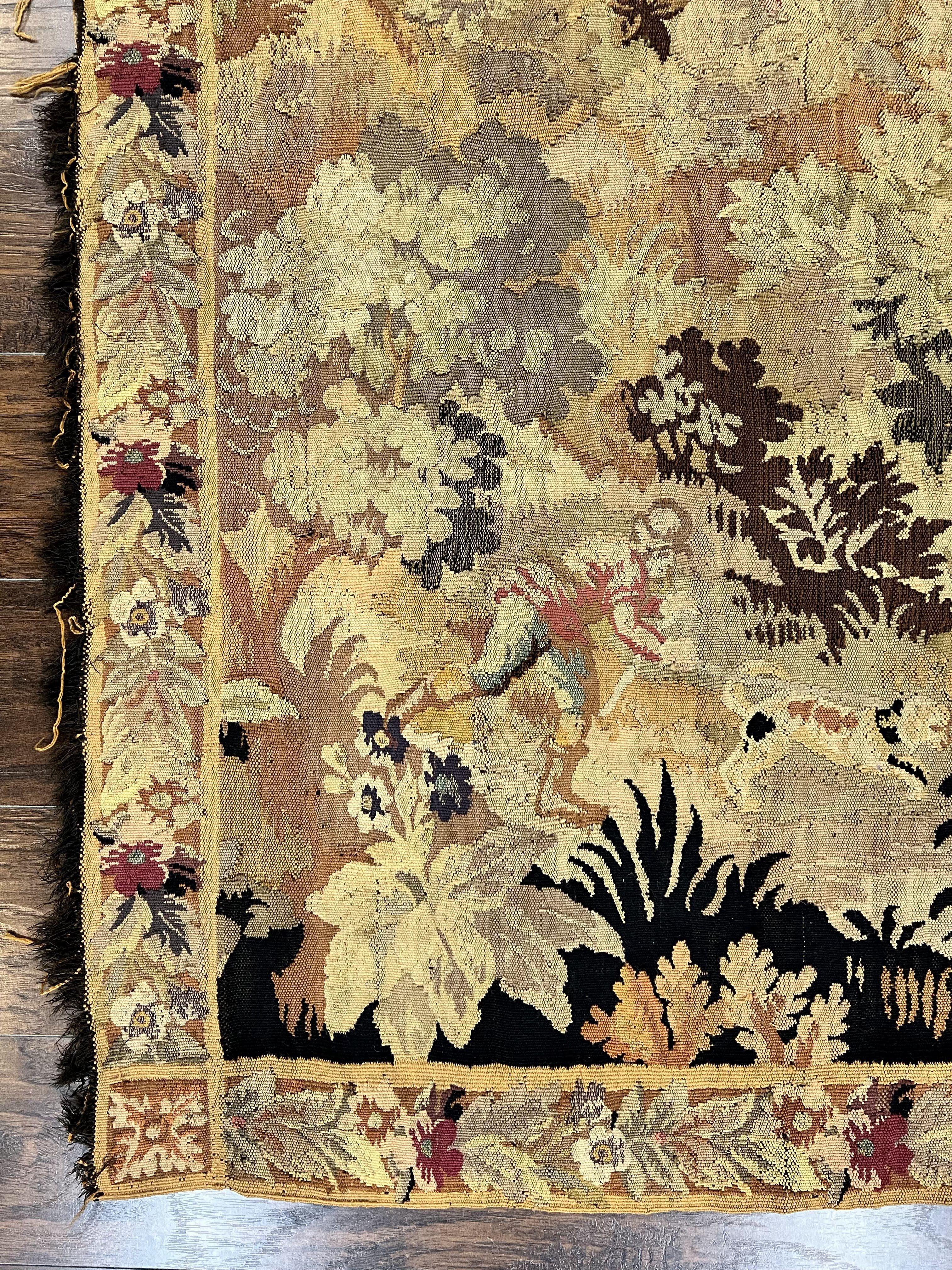Antique French Tapestry 6x5 ft, European Handmade Wool Aubusson Weave Vintage Tapestry