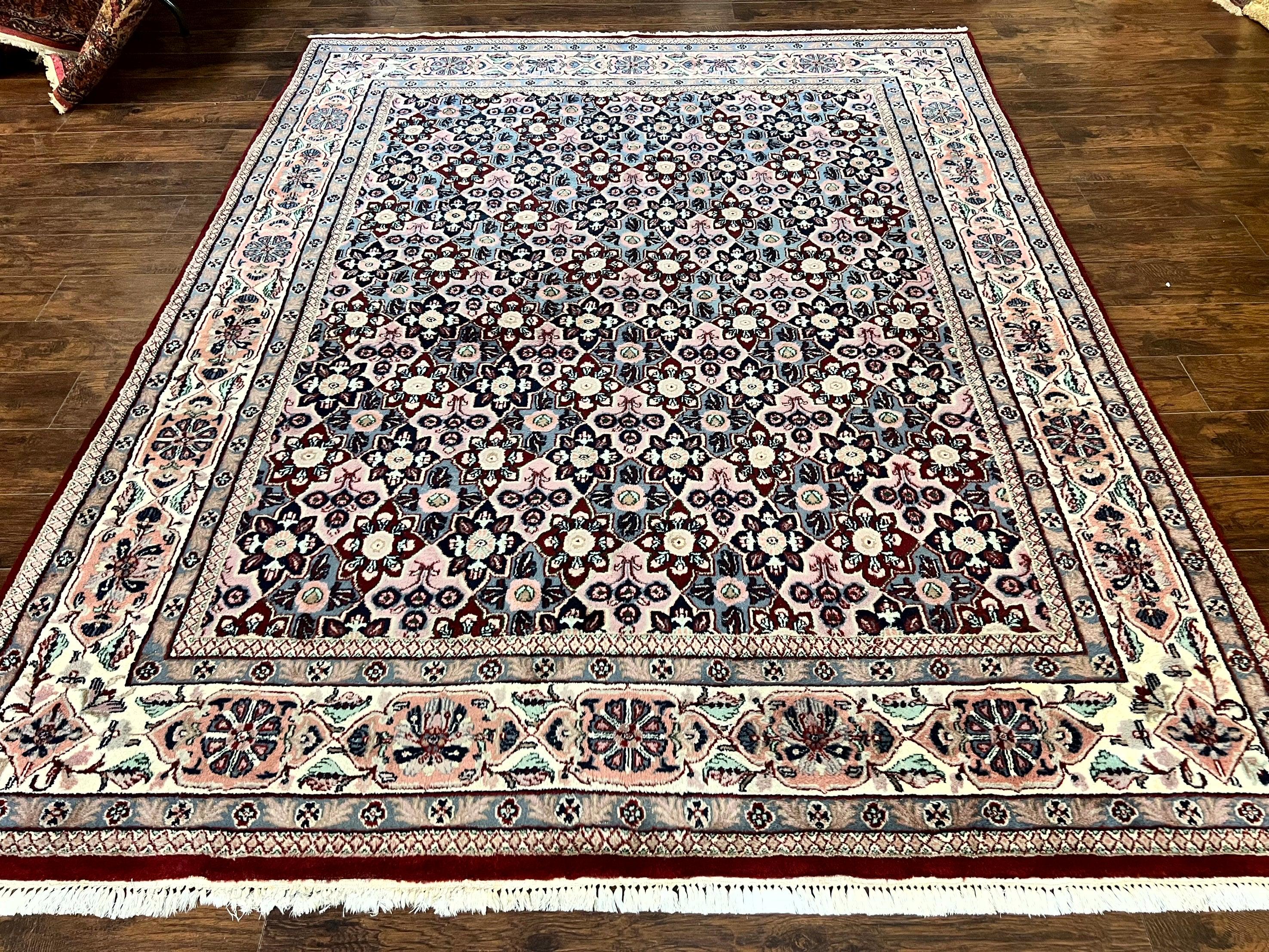 Indo Persian Rug 8x10, Repeated Allover Pattern, Navy Blue Ivory, Handmade Vintage Wool Carpet