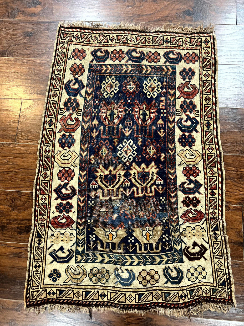 Antique Caucasian Kazak Rug 2.5 x 4, Navy Blue and Ivory, Hand Knotted Handmade Wool Rug