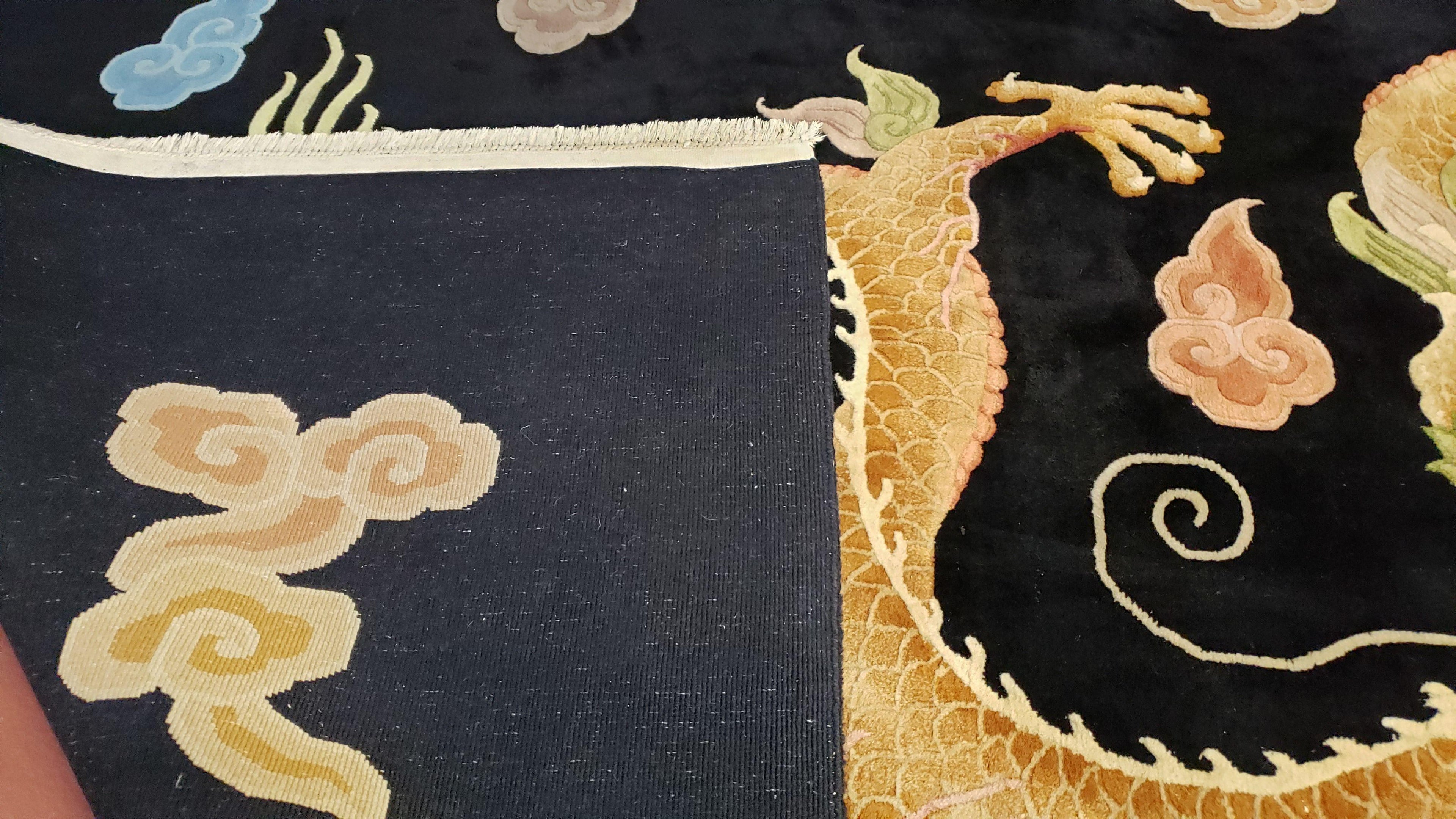 Rare Antique Chinese Art Deco Rug 6x9 with Dragon, Black Chinese Carpet 6 x 9, Hand Knotted Wool Area Rug