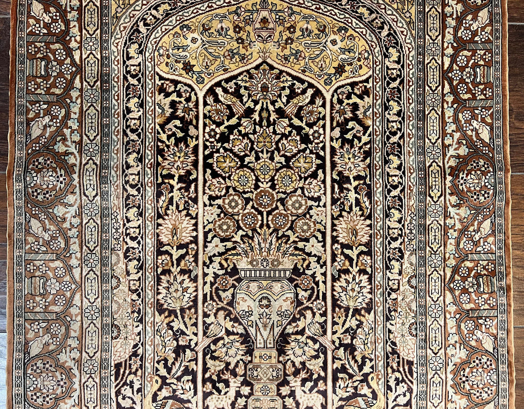 Turkish Silk Hereke Rug 2x3, Floral Vase Tree of Life Birds, Silk Pile on Silk Foundation, Vintage Oriental Carpet, Very Fine, Signature