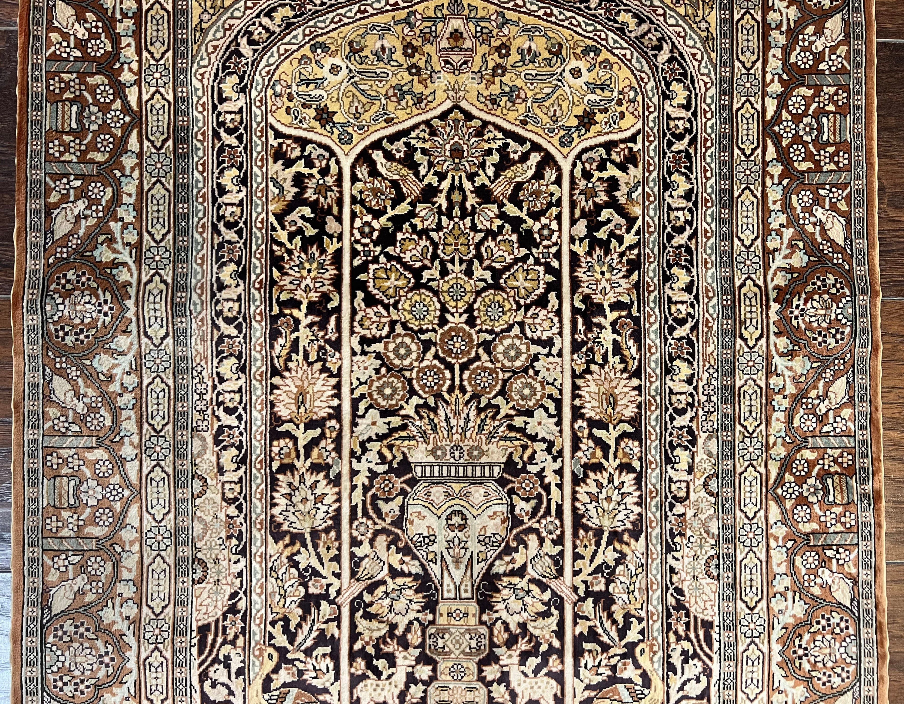 Turkish Silk Hereke Rug 2x3, Floral Vase Tree of Life Birds, Silk Pile on Silk Foundation, Vintage Oriental Carpet, Very Fine, Signature