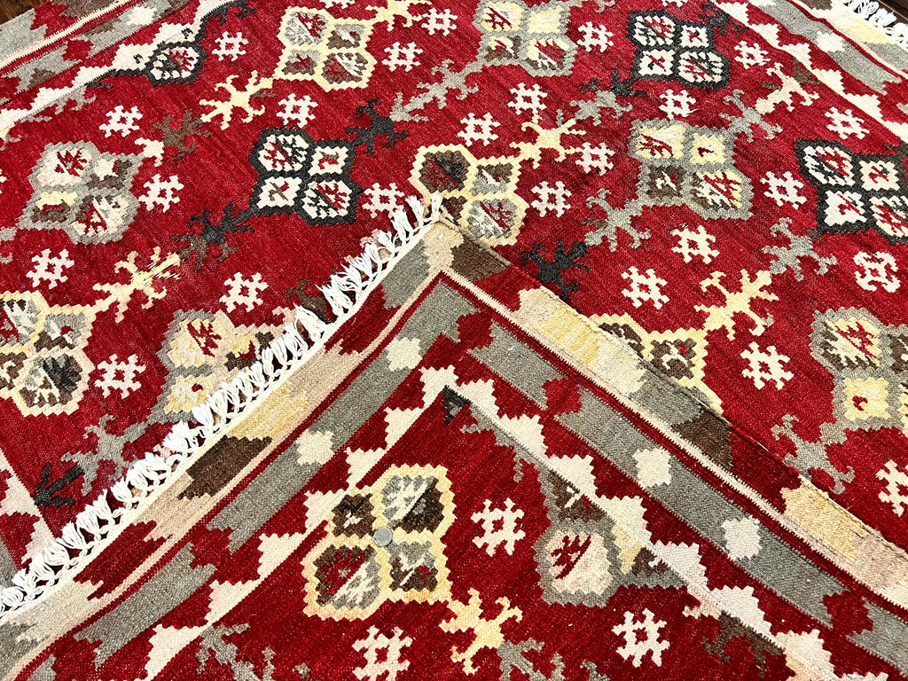 Indian Kilim Rug 6x6, Square Kilim Flatweave Carpet, Vintage Handmade Wool Rug, Red