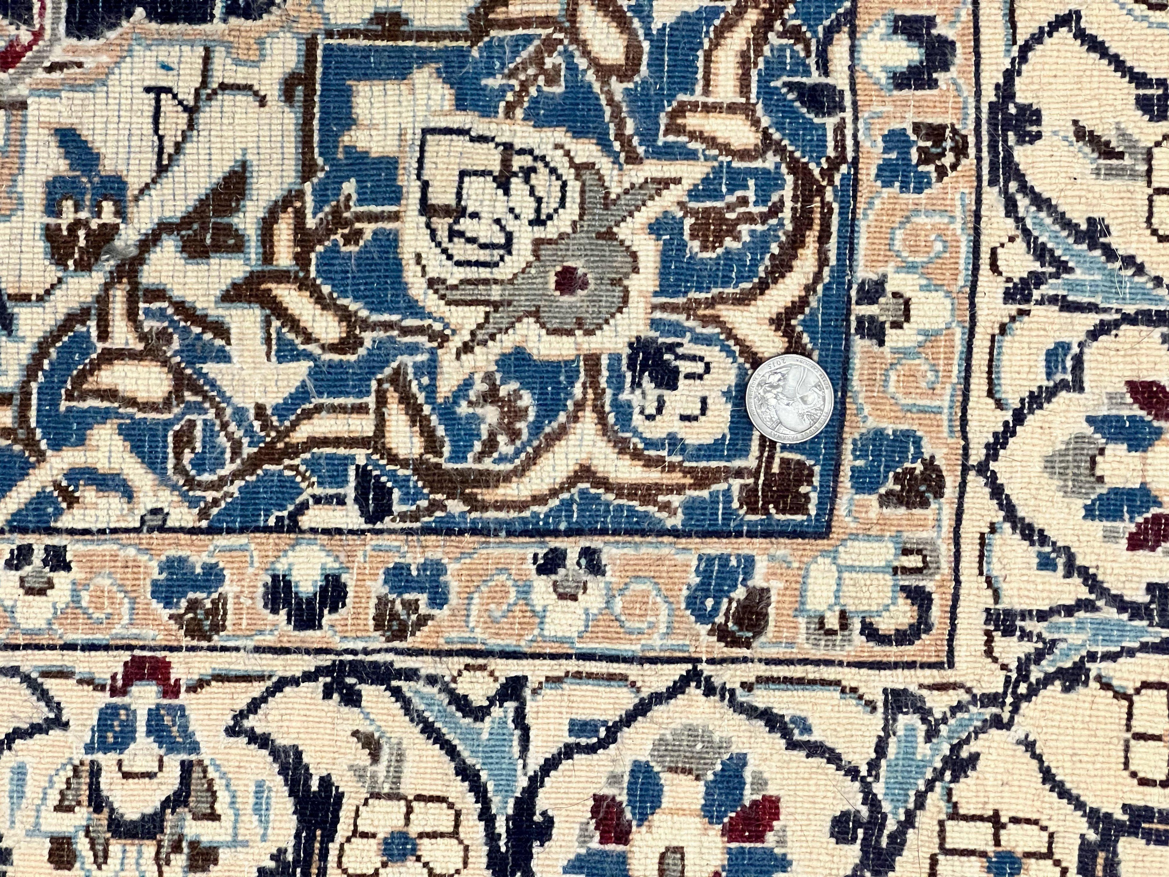Persian Nain Rug 4x6, Floral, Hand Knotted Vintage Wool & Silk Highlights, Signature from Masterweaver, Navy Blue and Ivory