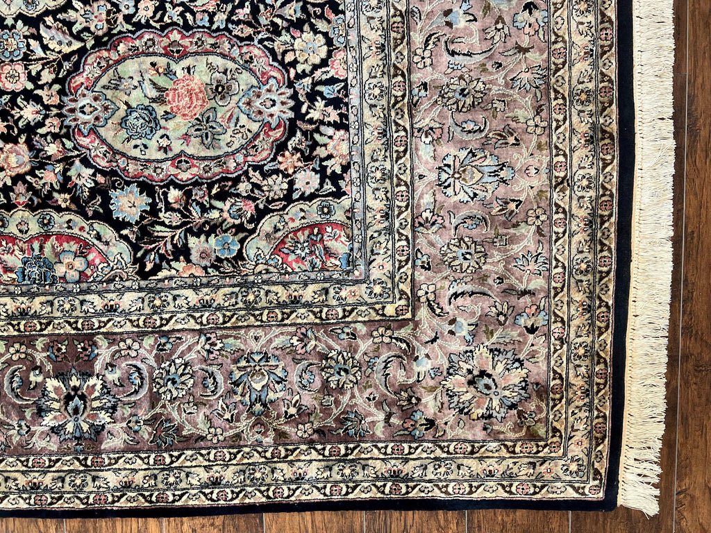 Sino Persian Rug 9x12, Navy Blue and Pink Hand Knotted Wool and Silk Highlights Vintage Oriental Carpet, Handmade Floral Area Rug 9 x 12 ft