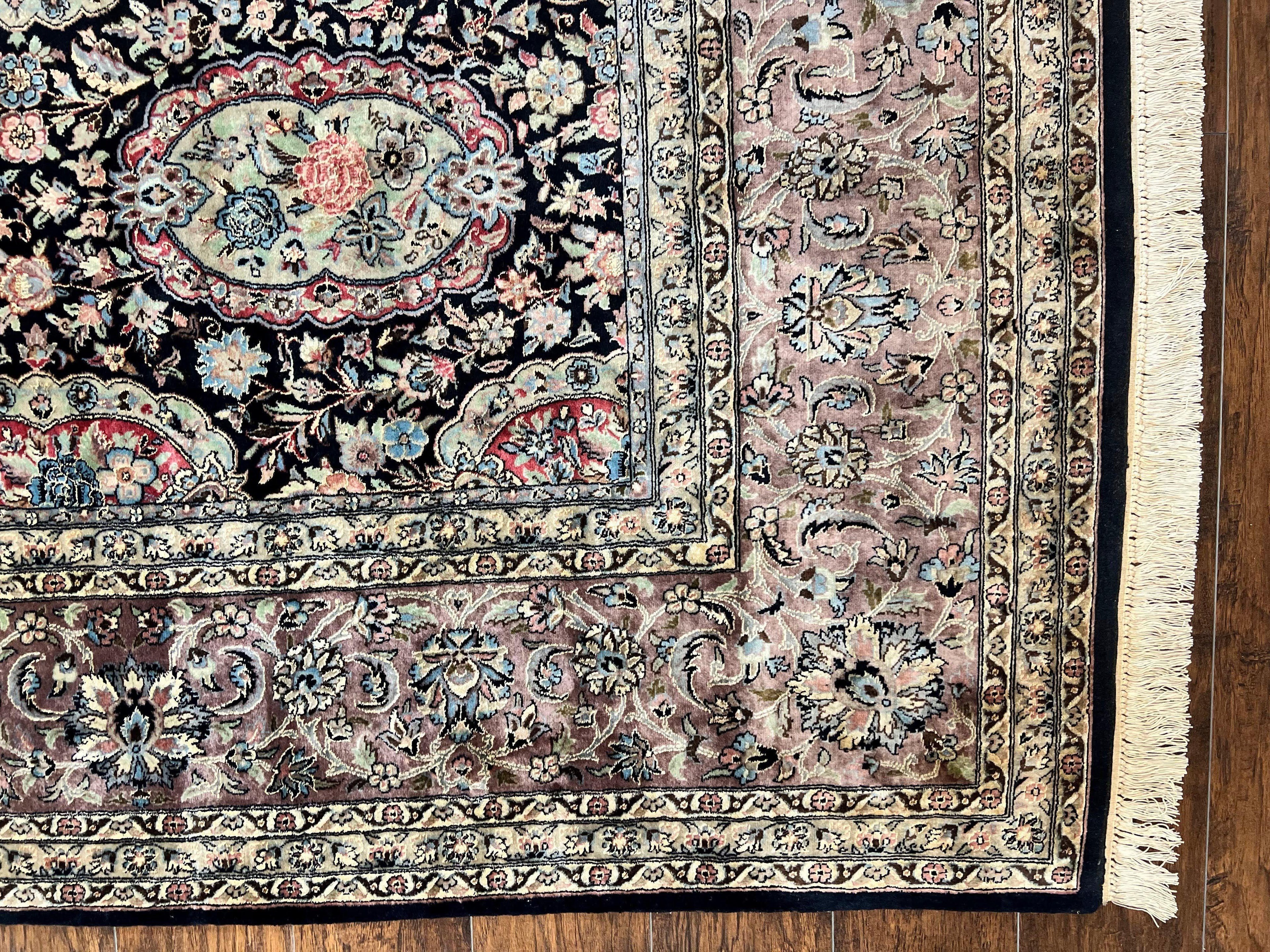 Sino Persian Rug 9x12, Navy Blue and Pink Hand Knotted Wool and Silk Highlights Vintage Oriental Carpet, Handmade Floral Area Rug 9 x 12 ft