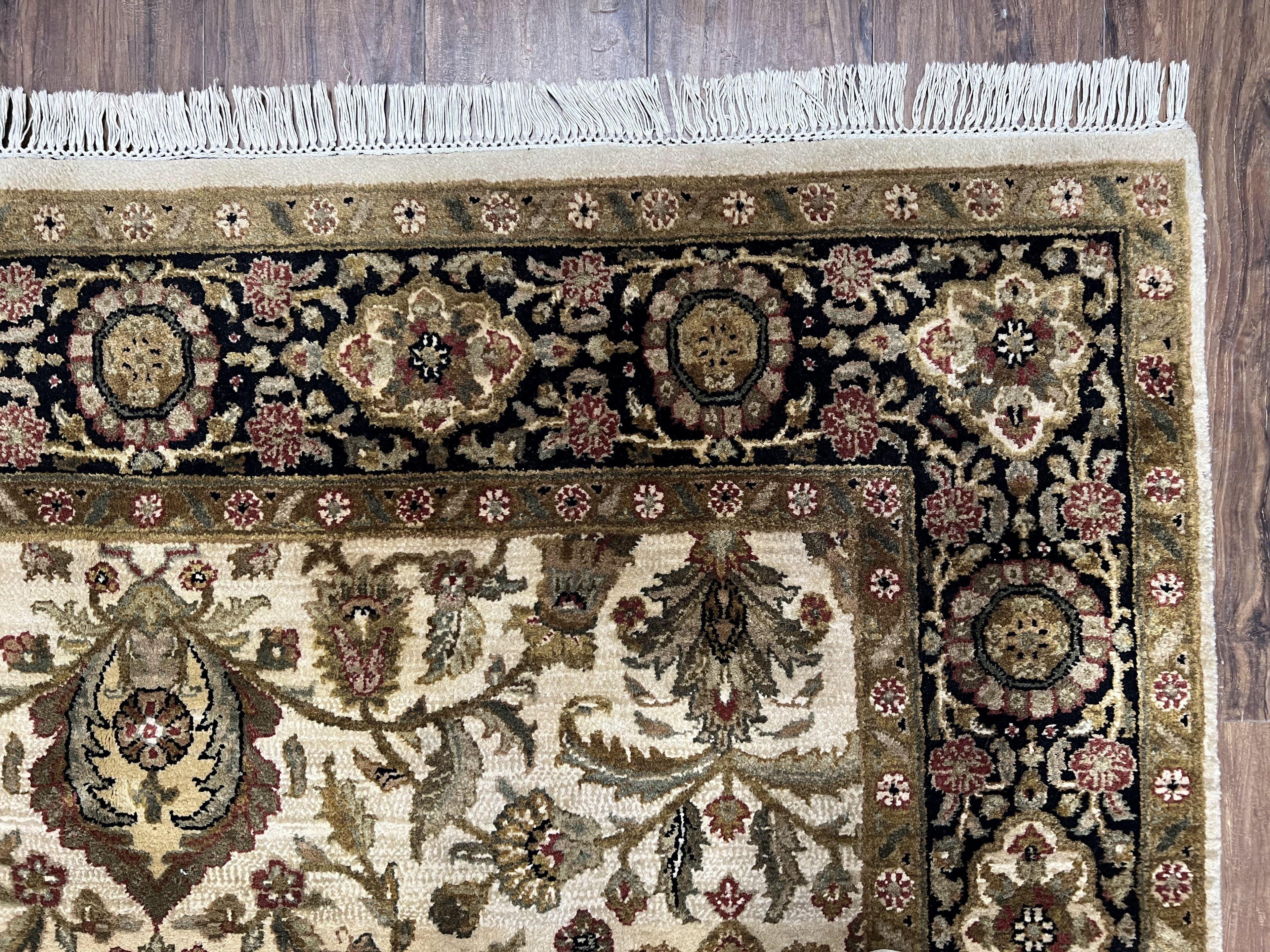Indo Mahal Rug 6x9, Indian Floral Carpet 6 x 9, Beige and Black, Allover Design, Living Room Rug, Bedroom Rug, Traditional Rug, Vintage Rug