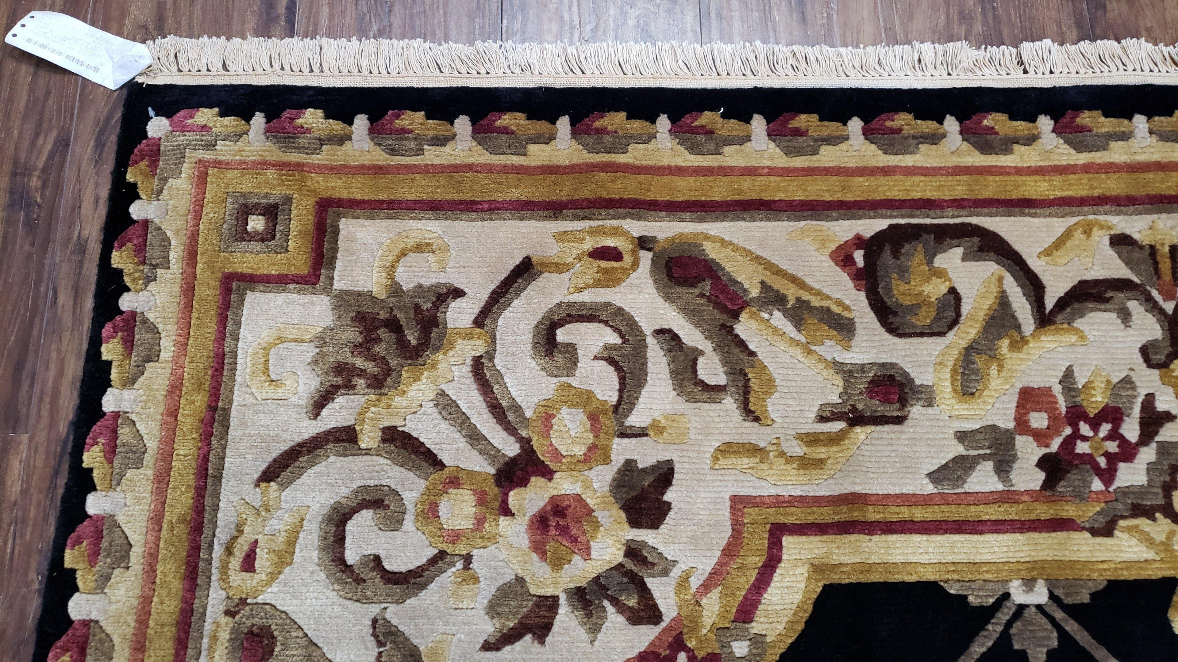 Nepal Rug 6x9, New Aubusson Nepalese Tibetan Carpet 6'1" x 8' 8", Hand-Knotted Wool, Unused, Black & Cream, Savonnerie Pattern, Soft Pile