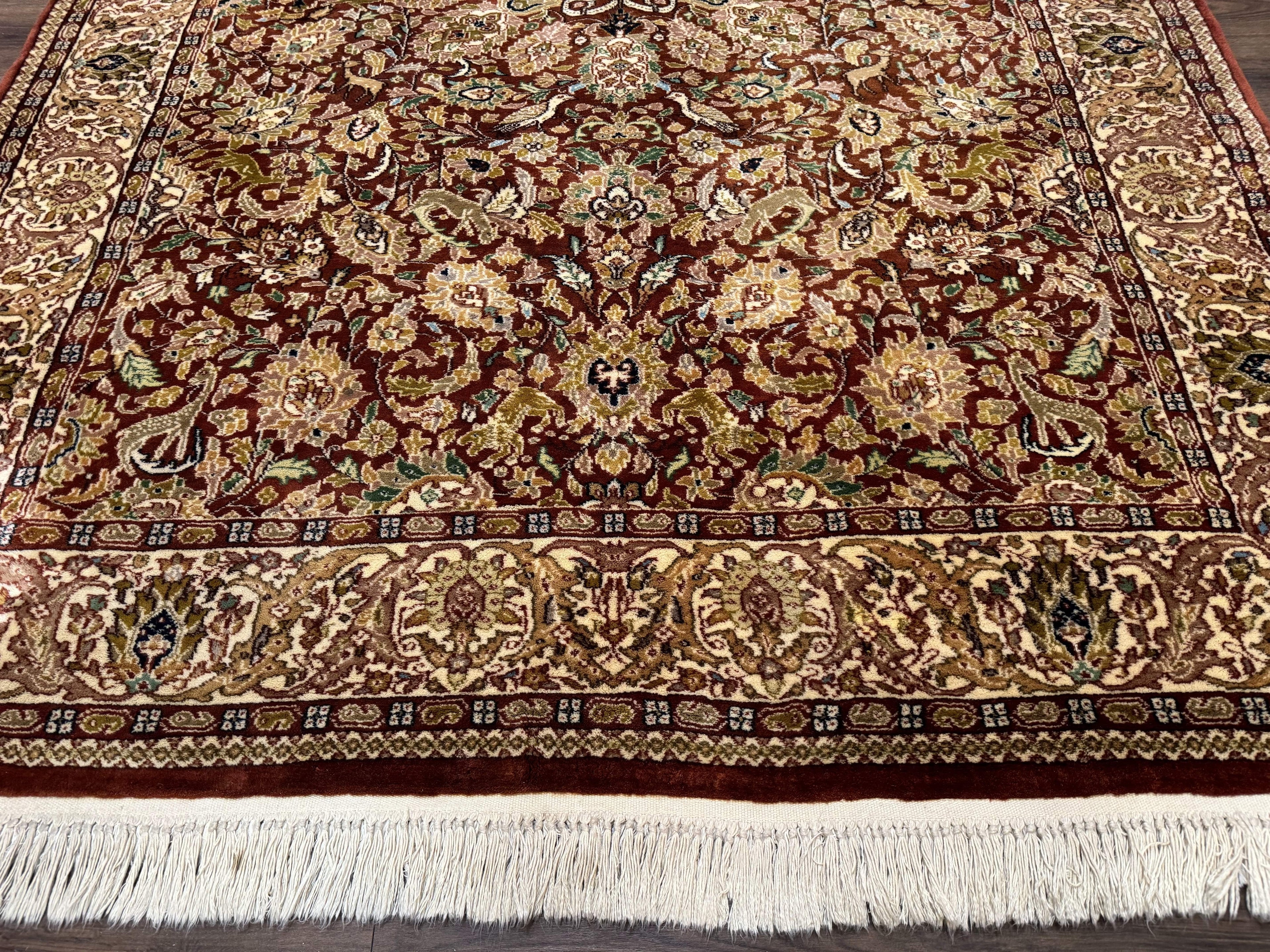 Tree of Life Indian Kashmiri Rug 6x9, Rust Red and Cream, Animal Pictorials, Fine 290 KPSI