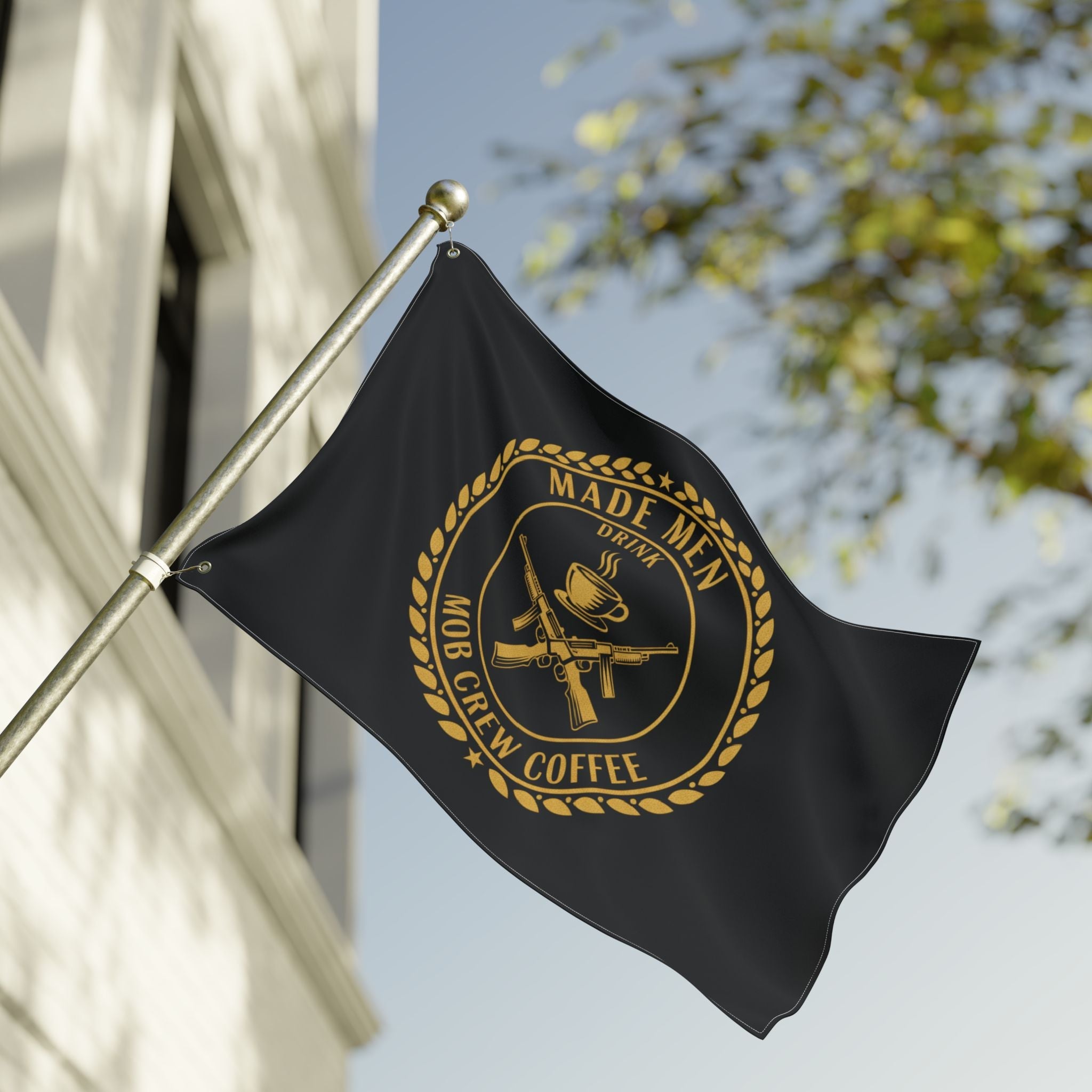Mob Crew Flag — "Made Men Drink Mob Crew Coffee" Double-Sided Black & Gold Outdoor Banner