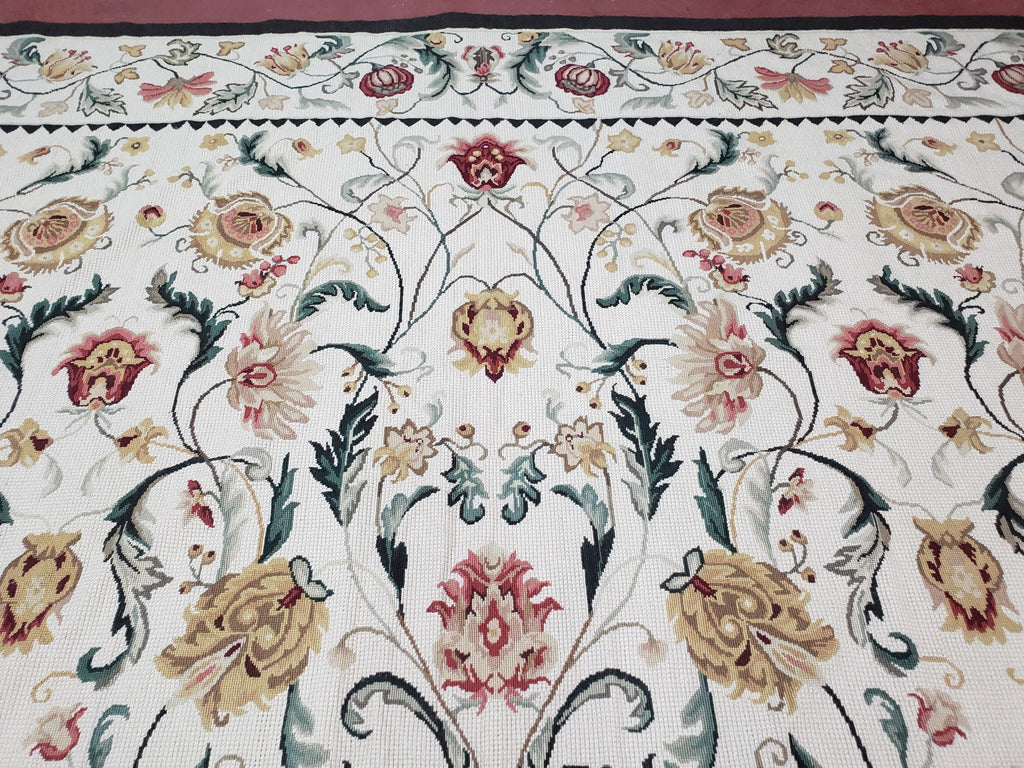 New Needlepoint Rug 9x12, Hand Woven Wool Area Rug, Flatweave Carpet, Handmade Chinese Needlepoint, Floral European Design, Ivory Background