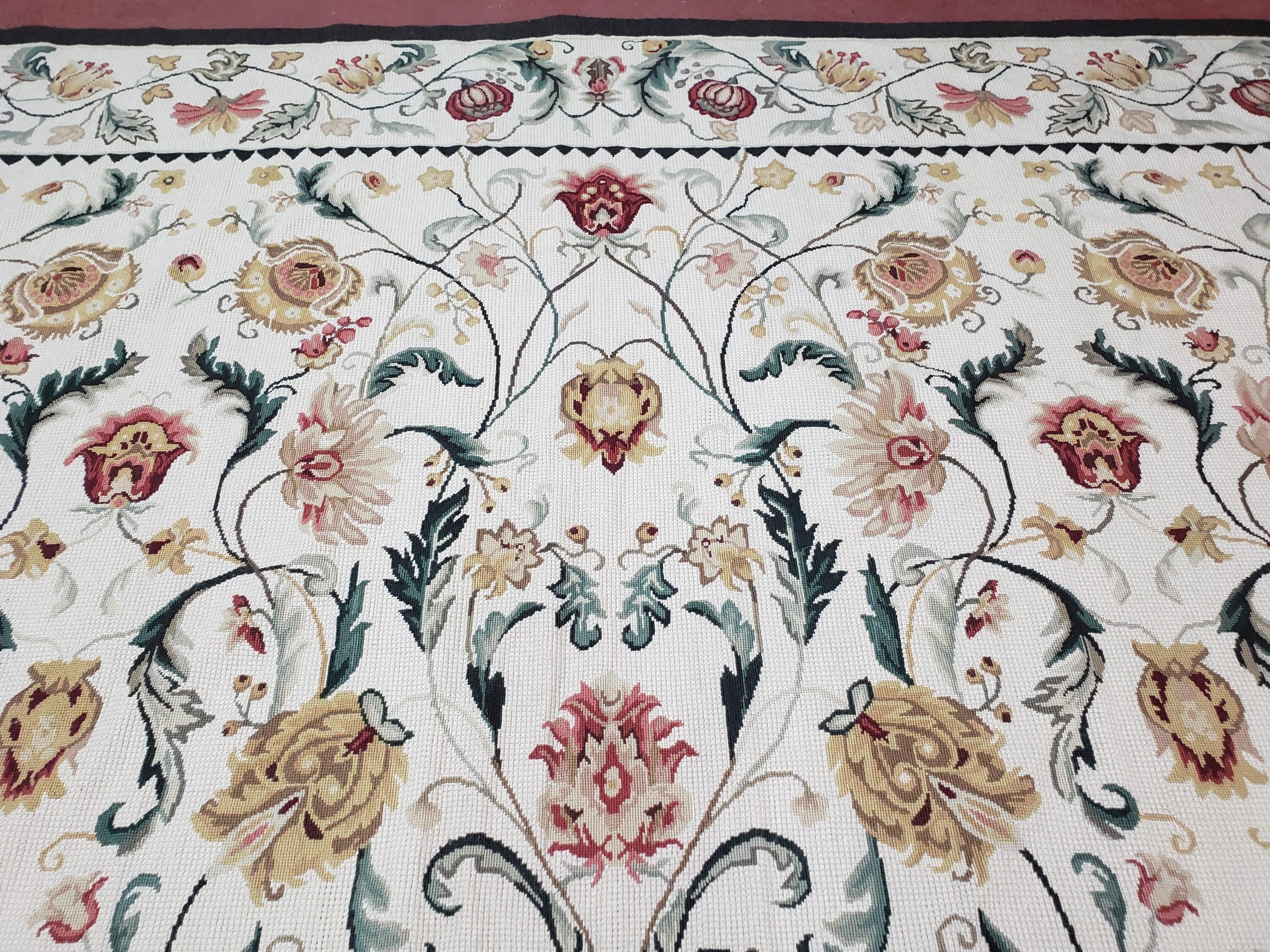 New Needlepoint Rug 9x12, Hand Woven Wool Area Rug, Flatweave Carpet, Handmade Chinese Needlepoint, Floral European Design, Ivory Background