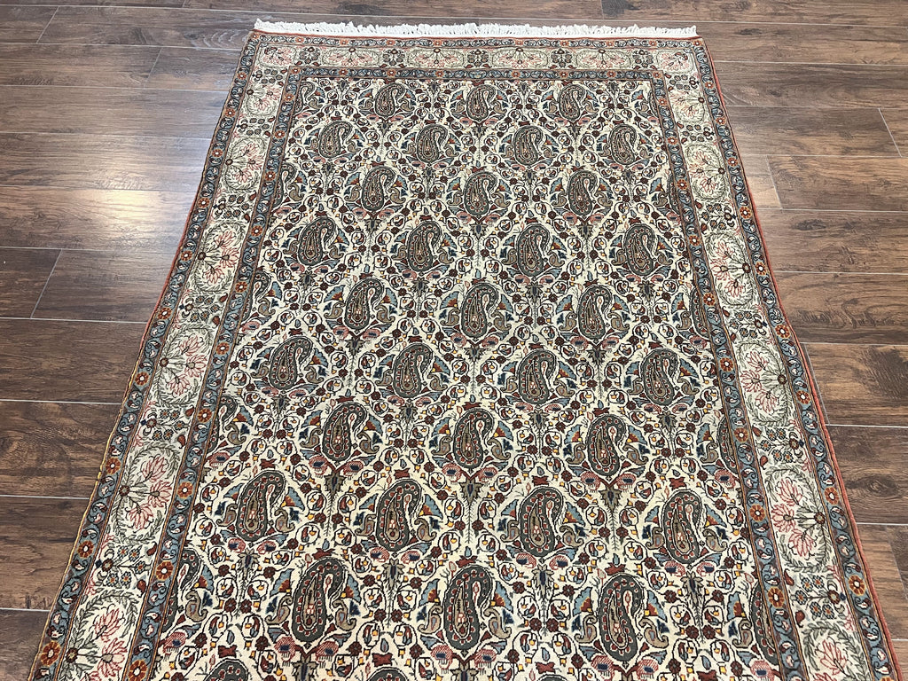 Persian Qum Rug 5x6, Cream Wool Hand Knotted Carpet, Repeated Boteh Paisely Design, Semi Antique Vintage Rug, Very Fine Weave 5 x 6 Rug