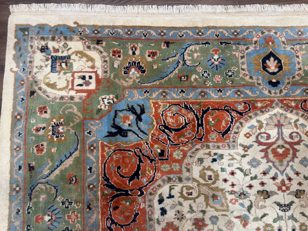 Indo Persian Rug 9x12, Ivory Red Green, Traditional Oriental Carpet