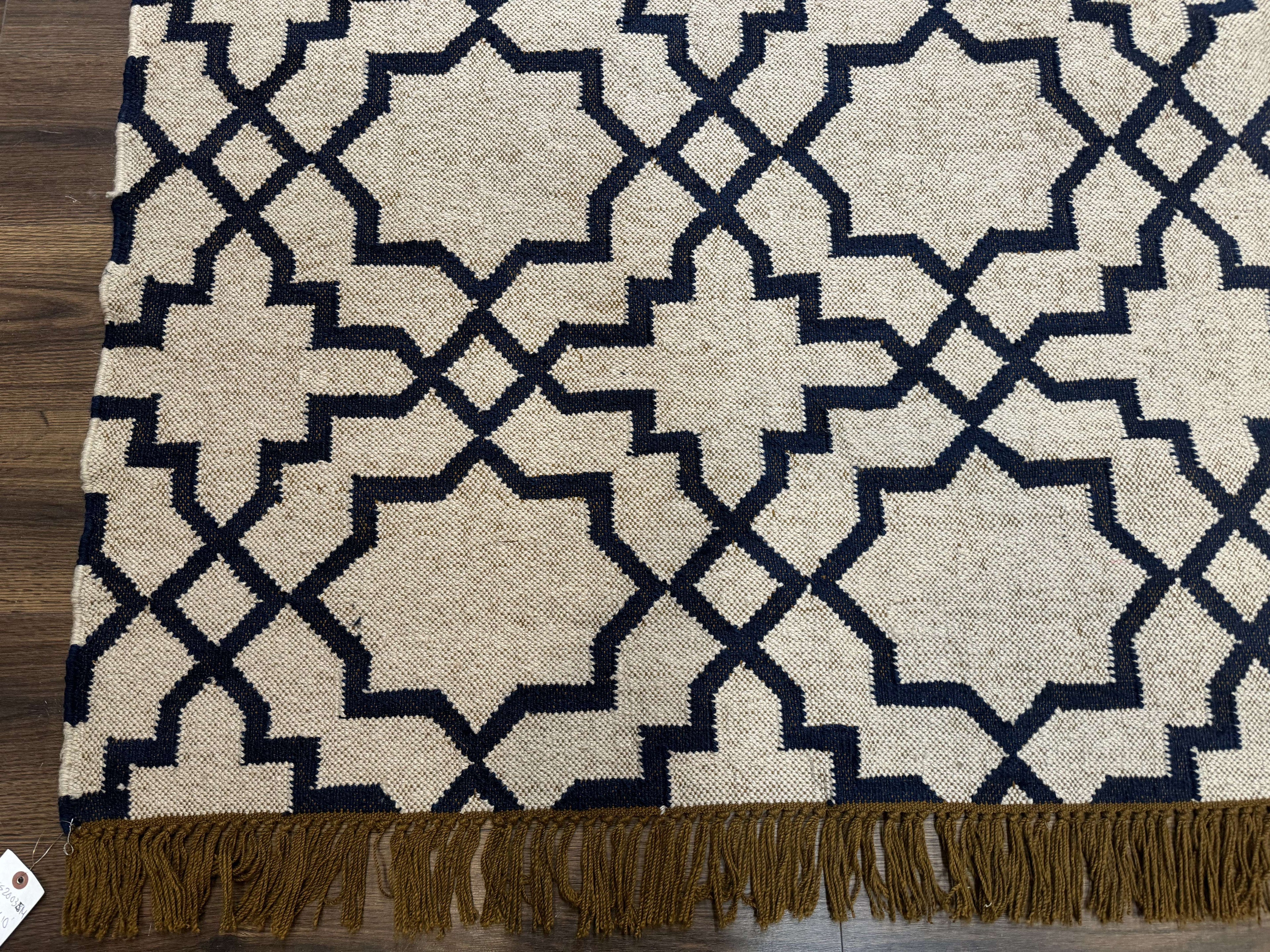 Indian Kilim Rug 8x10, Oat and Navy Blue, Dhurrie Carpet, Handmade, Wool
