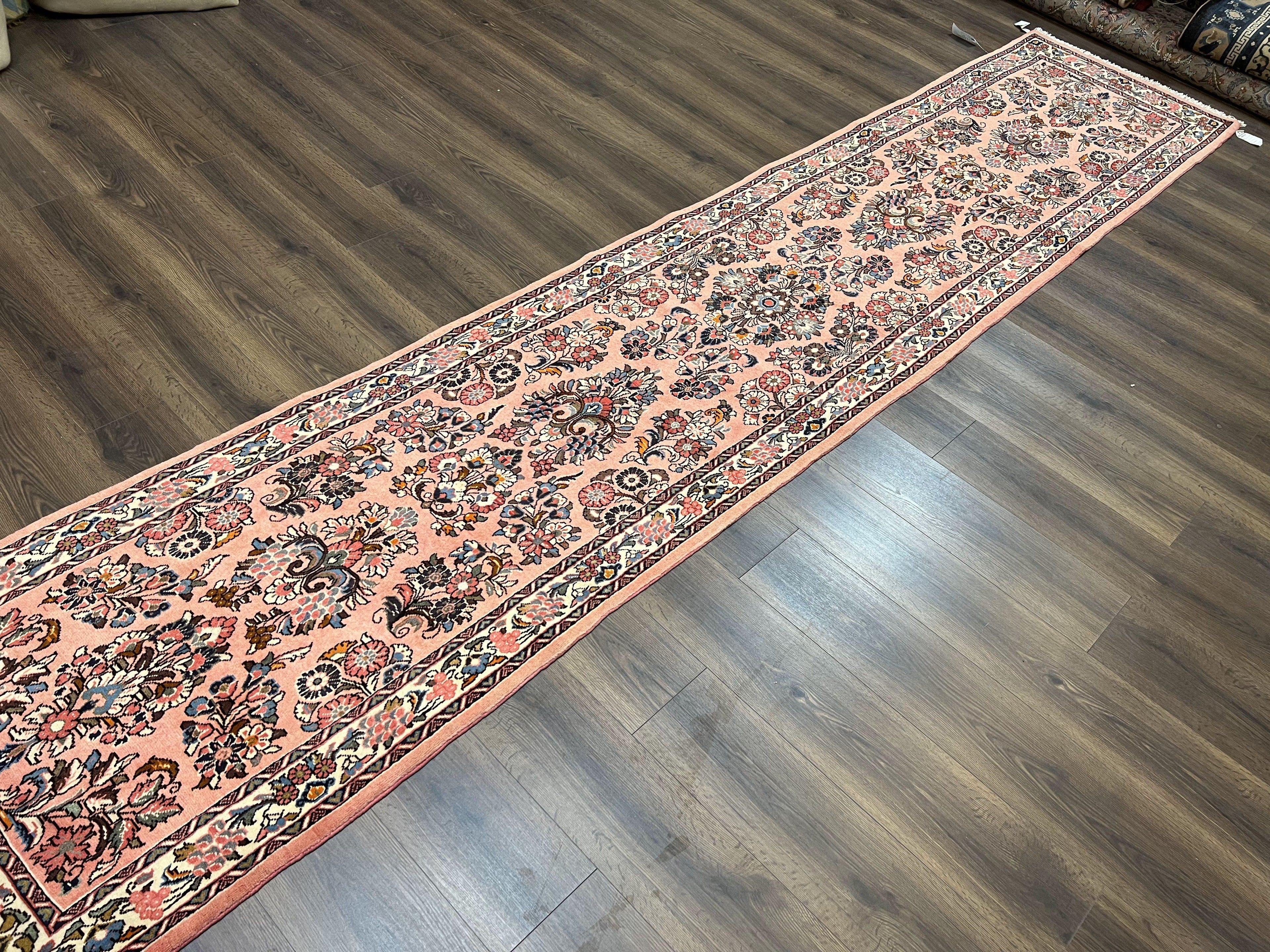 Persian Sarouk Runner Rug 2.9 x 13.6, Wool Floral Hand Knotted Runner
