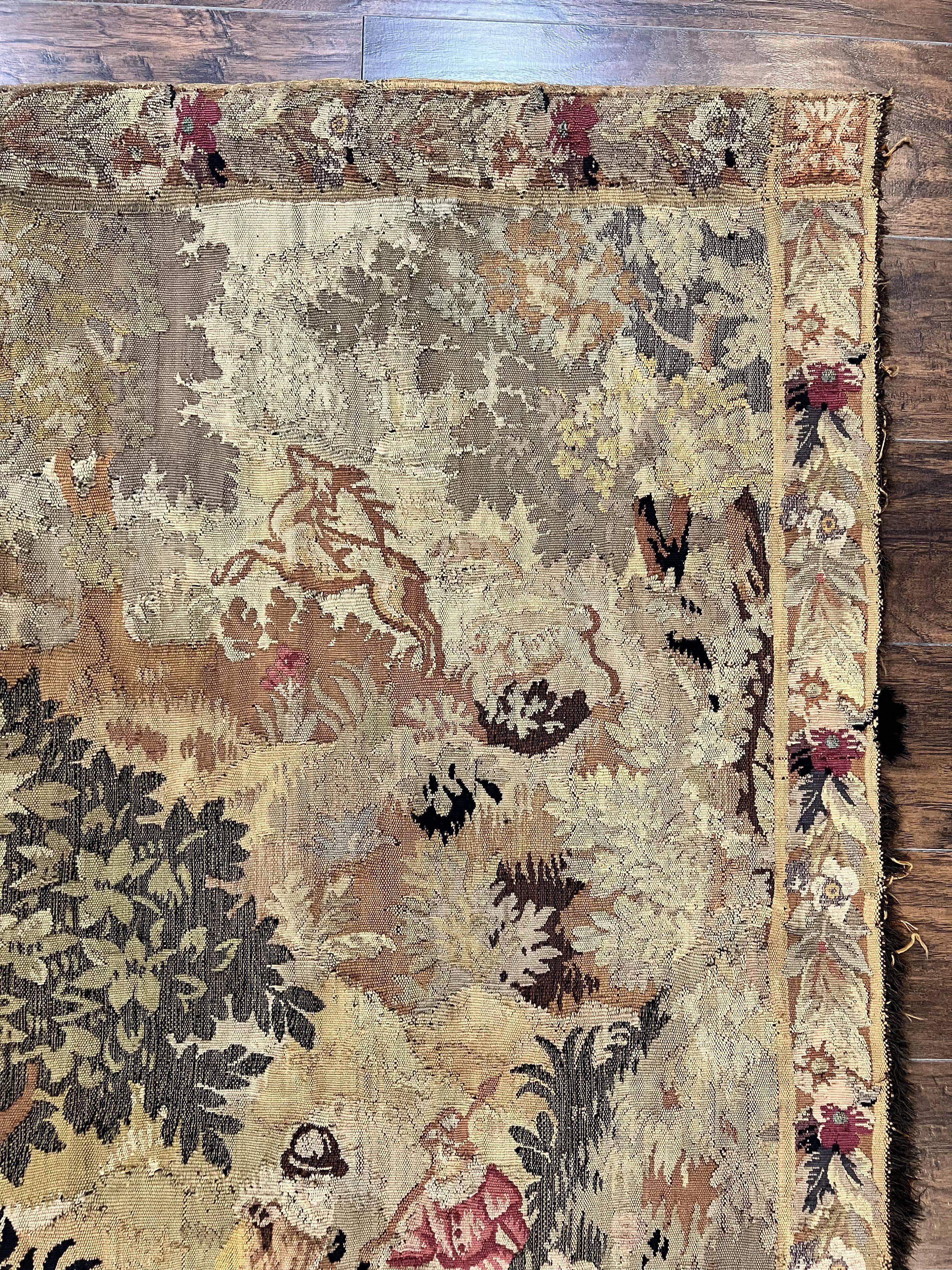Antique French Tapestry 6x5 ft, European Handmade Wool Aubusson Weave Vintage Tapestry