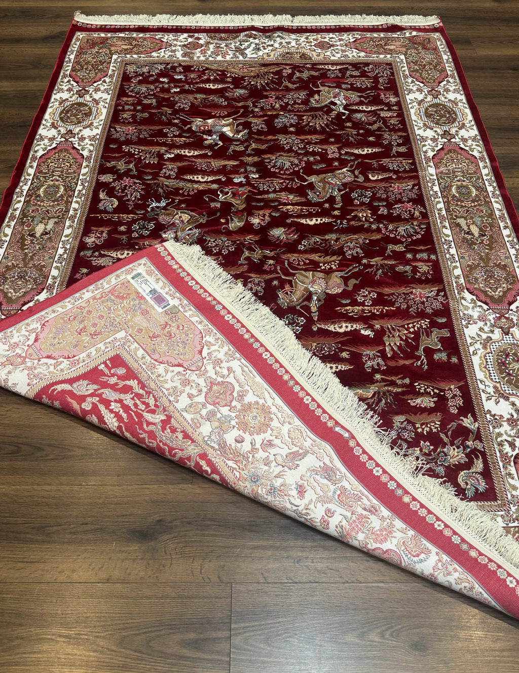 Turkish Silk Hunting Scene Rug 5 x 7.6, Red & Ivory, Bamboo Silk, New