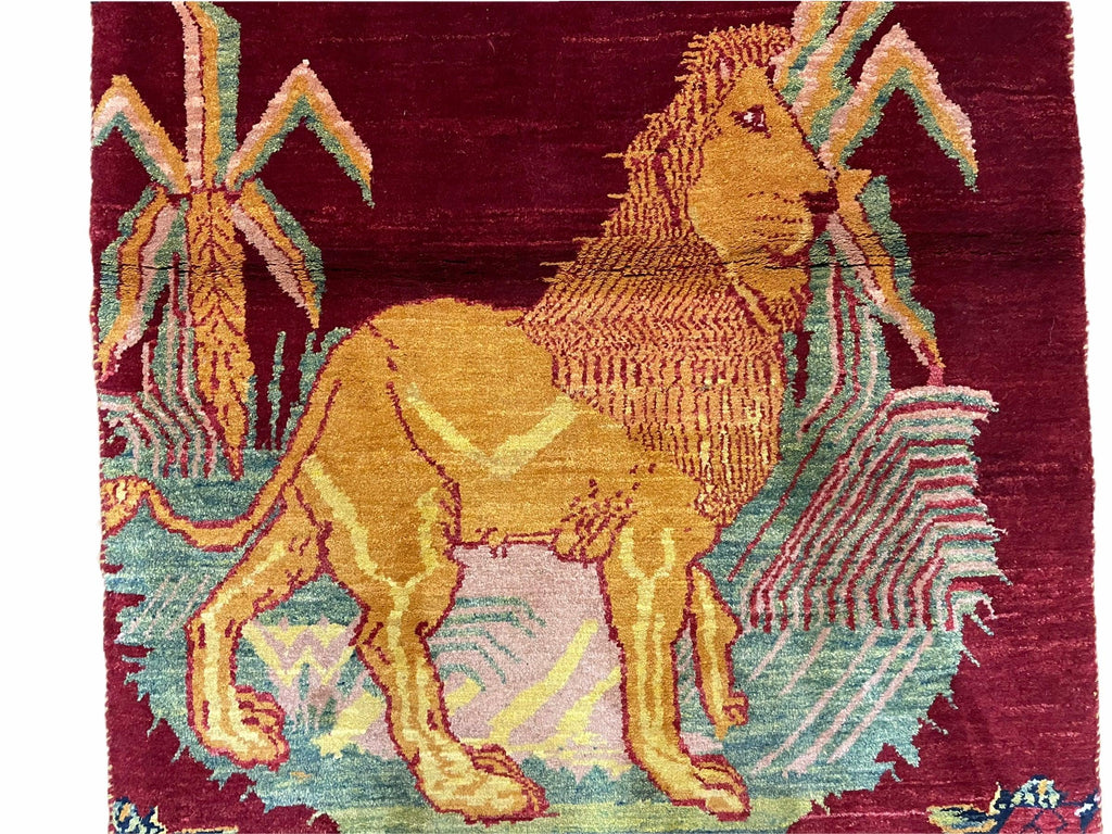 3 X 5 Handmade Rug New Vintage Rug Quality Wool Pictorial Lion Jungle Veg Dyes