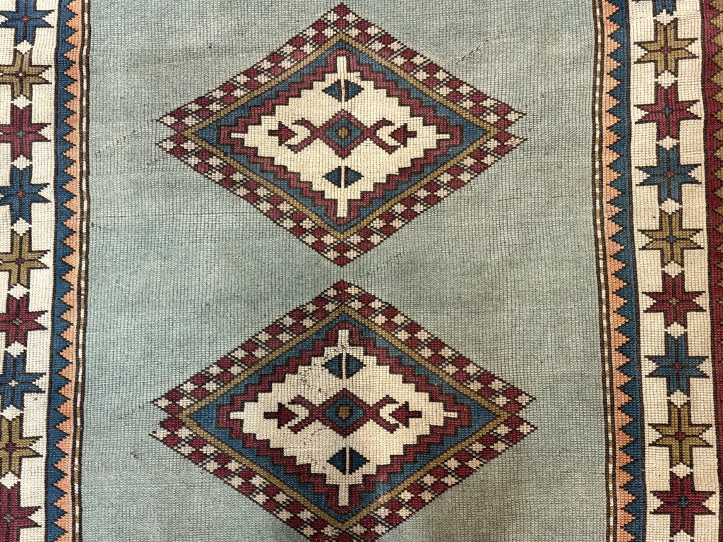 Turkish Kazak Rug 4x6, Geometric Medallion, Caucasian Design Rug, Semi Antique Vintage, Mint Green Maroon Ivory