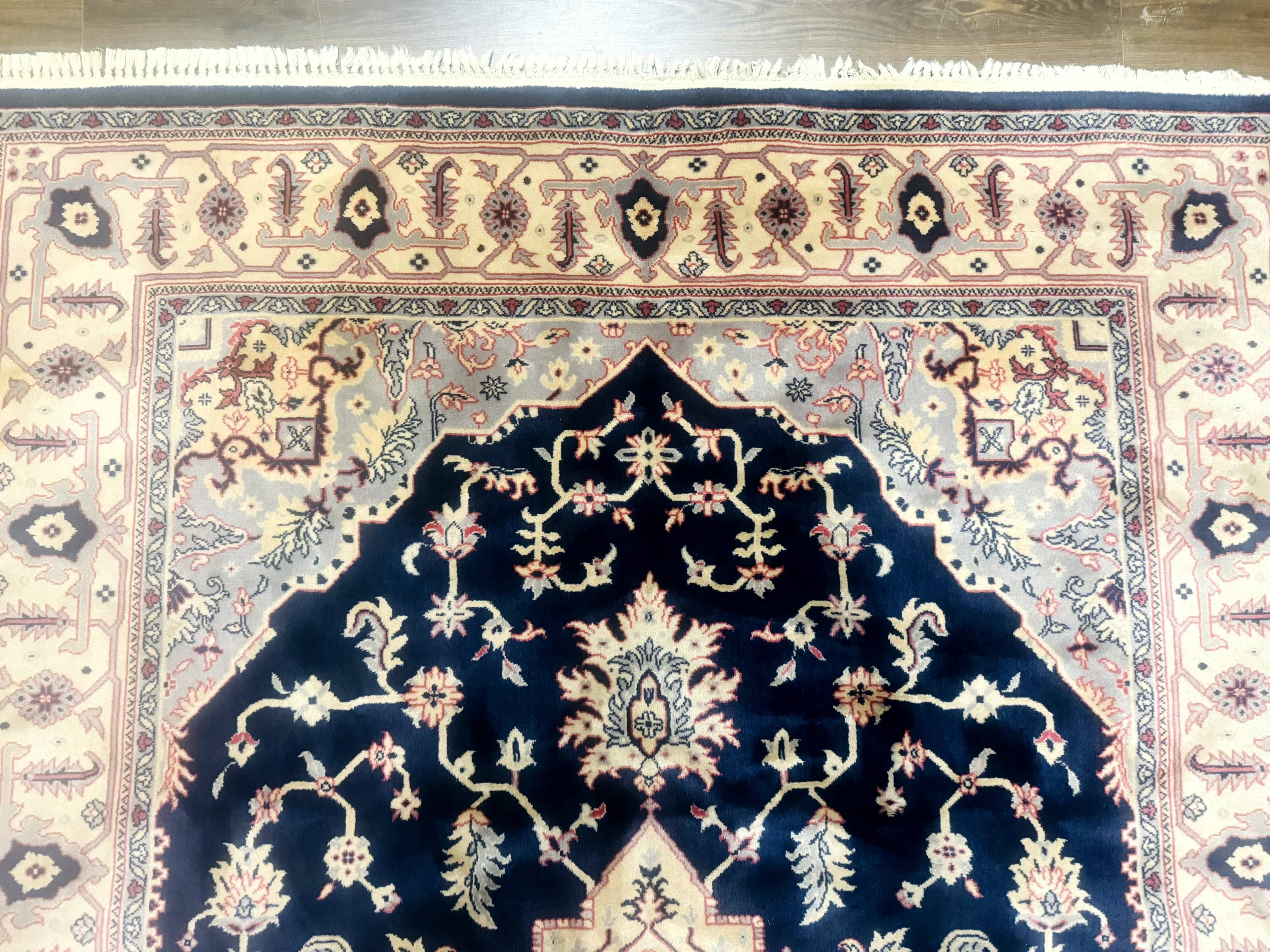 Karastan Rug Navy Serapi, Kara Shah Rug, Navy Blue, 5.6 x 8.6, Vintage Karastan Area Rug, Wool Pile Karastan Rug