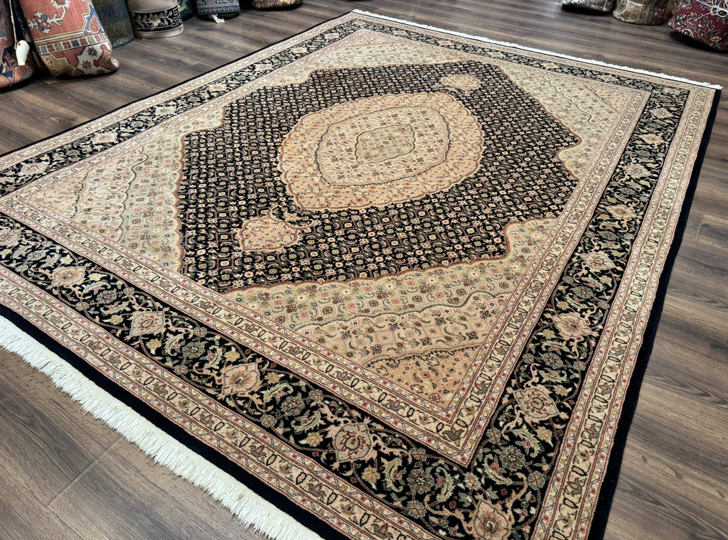 Sino Persian Rug 8x10, Herati Mahi Pattern, Fine 170 KPSI, Black, Wool and Silk Highlights