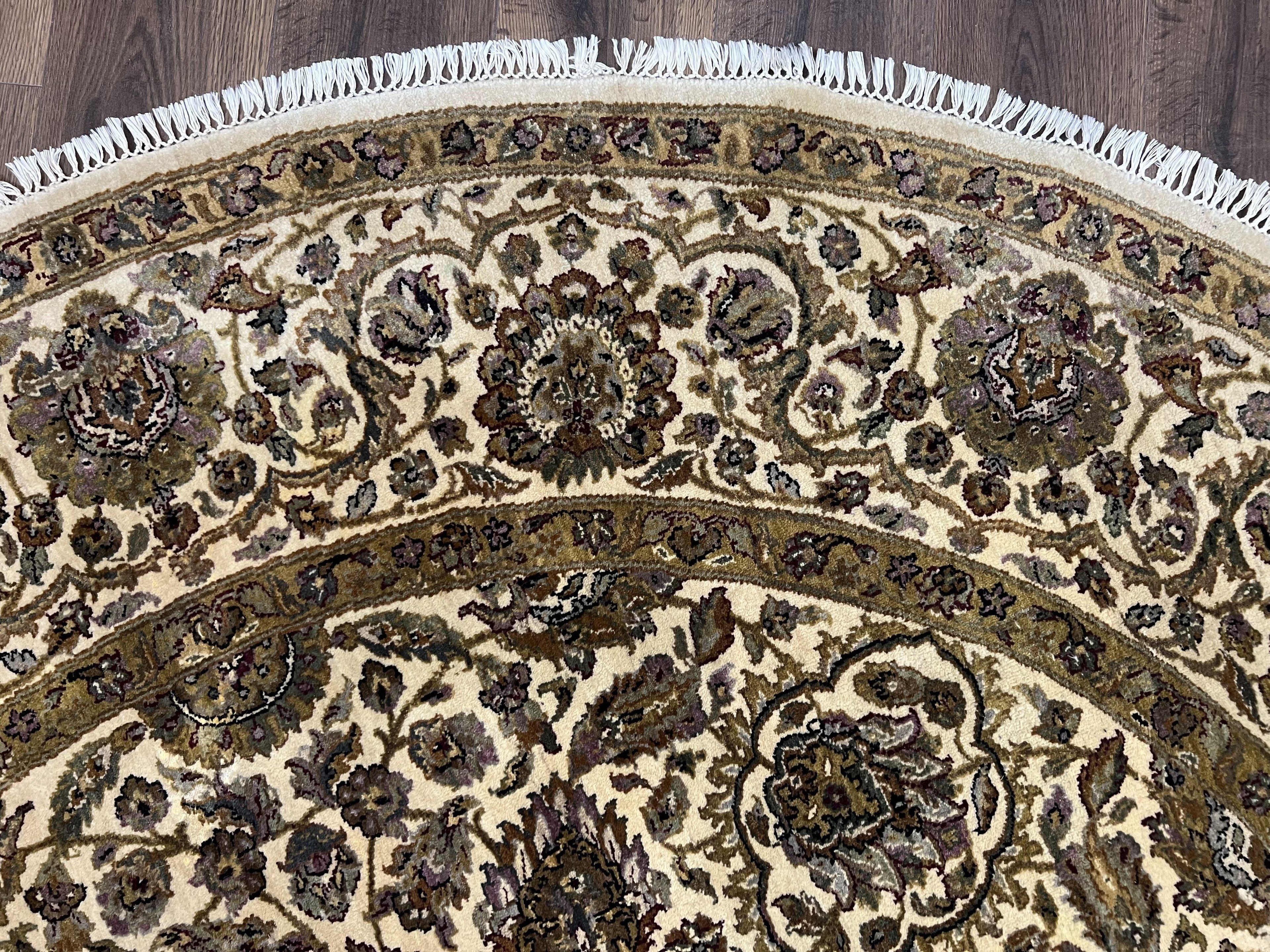 Round Indo Persian Rug 8x8 ft, Large Hand Knotted Vintage Wool Circular Carpet, 8ft Round Oriental Rug, Floral Medallion, Cream and Green