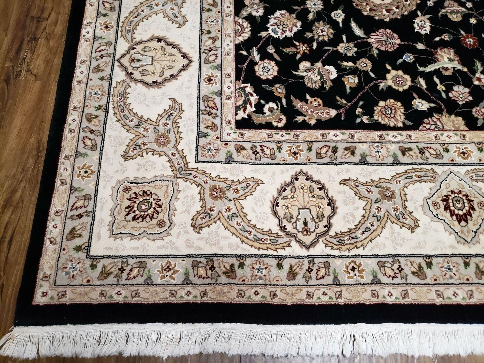 8' 5" X 11' 6" Vintage Handmade Oriental Floral Wool Rug Silk Accent Black Nice