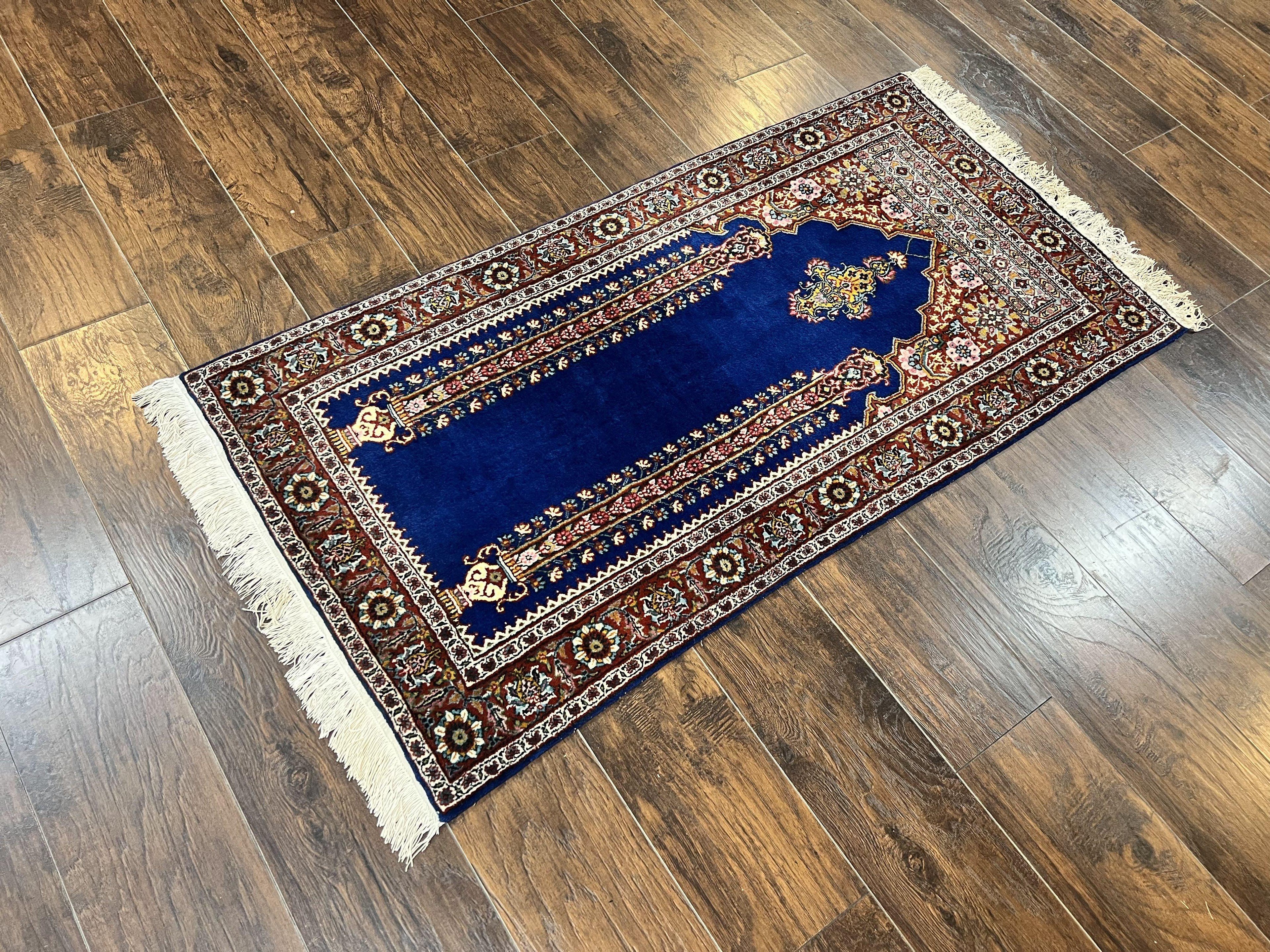 Indo Persian Prayer Rug 3x5, Fine Oriental Carpet, Dark Blue and Red, Vintage Hand Knotted Handmade Prayer Rug