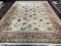 Large Indian Rug 10x14, Hand Knotted Indo Persian Gandehar Oriental Carpet, Vintage Wool Rug 10 x 14 ft Cream Red Floral Allover Traditional