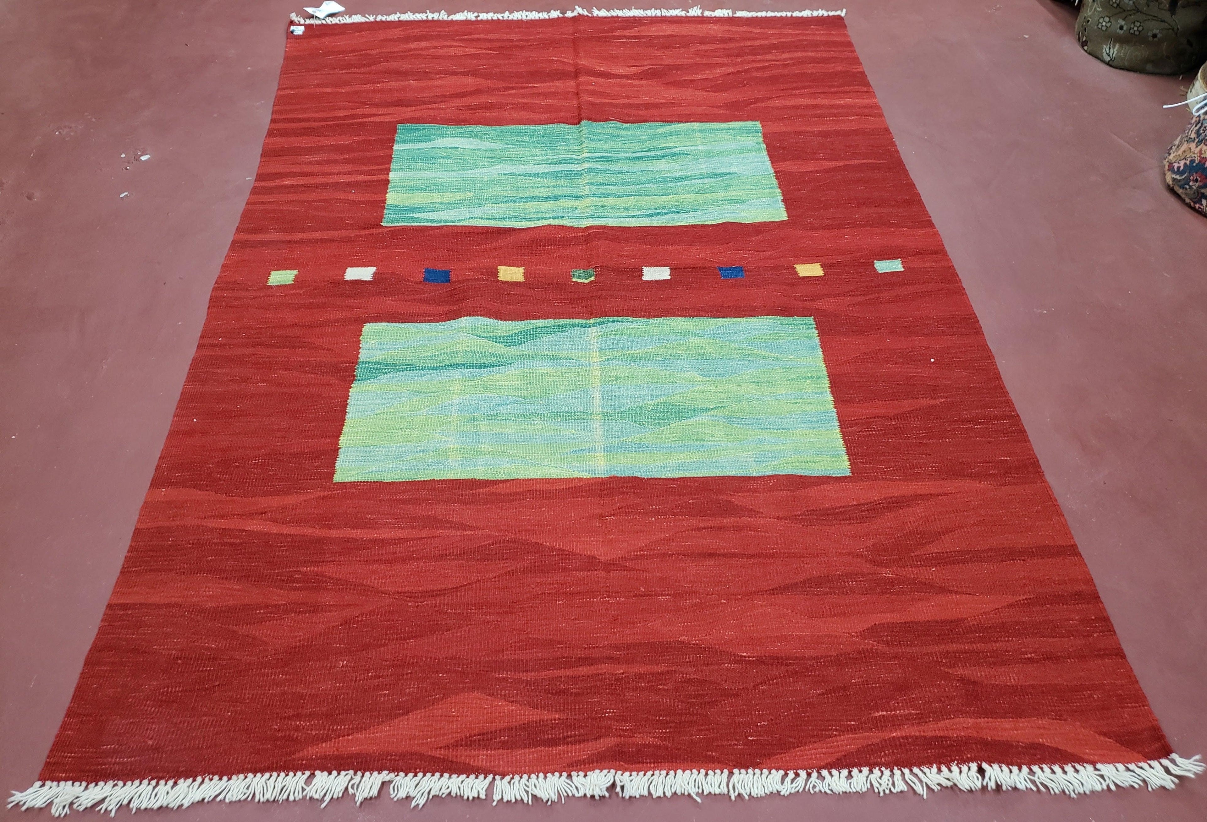 Red Turkish Kilim Rug, 5x7 - 6x8 Rugs, Red and Green Kilim Carpet, Kilim Area Rugs, Flatweave No Pile Rug, New Turkish Rug, Handmade Kilim