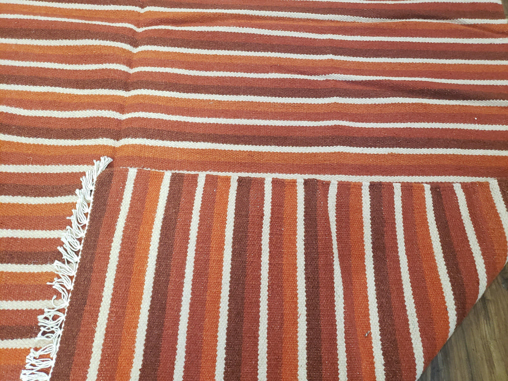 Large Striped Woolen Handmade Throw Blanket, Twin Size Bedding Hand-Woven, Indian Kilim Area Rug, 6x8 - 7x8, South American Style Textile