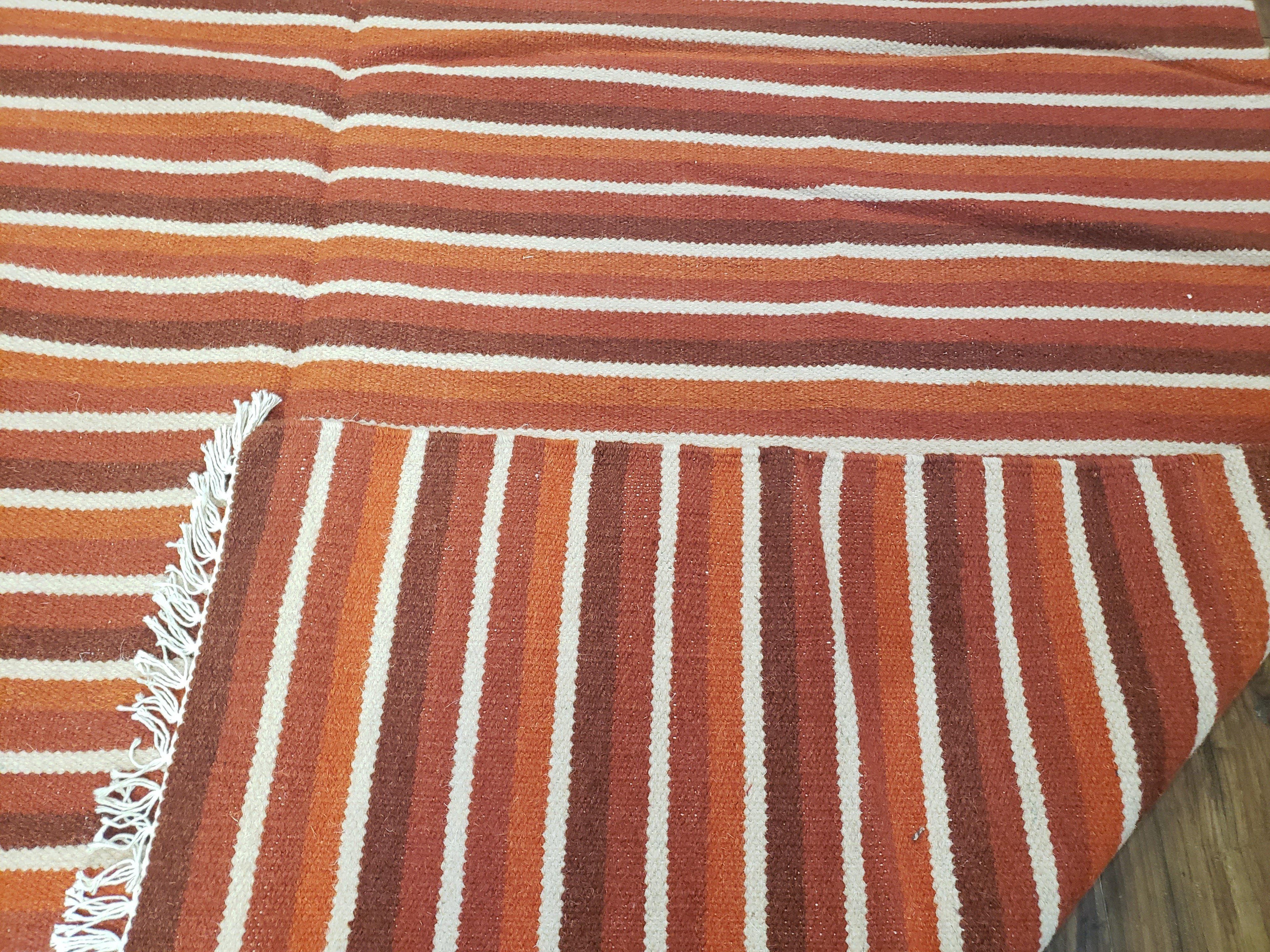 Large Striped Woolen Handmade Throw Blanket, Twin Size Bedding Hand-Woven, Indian Kilim Area Rug, 6x8 - 7x8, South American Style Textile