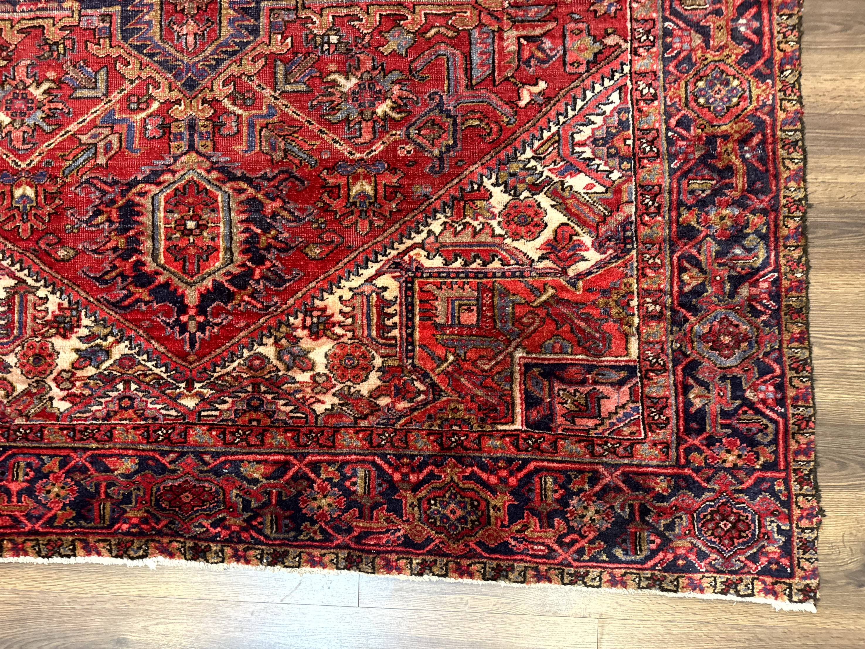 Persian Heriz Rug 7x10, Geometric Pattern, Red Ivory Navy Blue