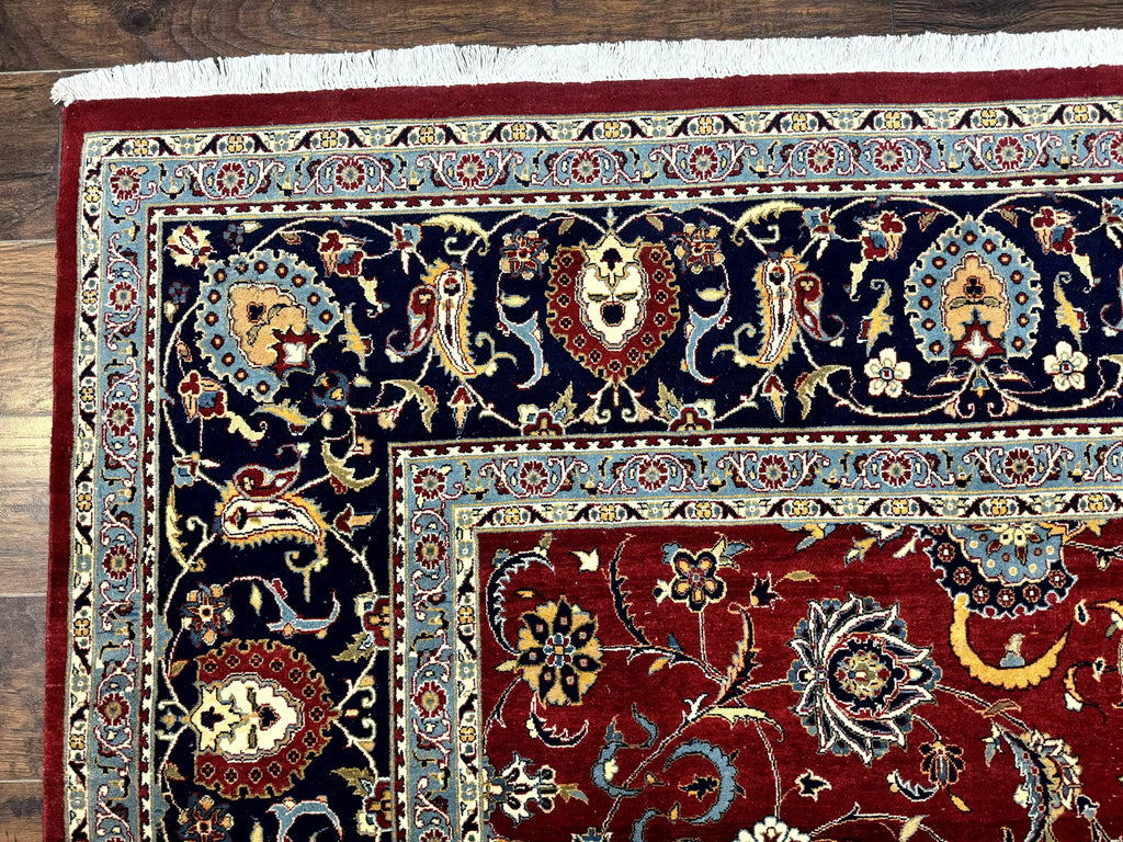 Pak Persian Rug 9x12, Red and Navy Blue, Floral Allover, Hand Knotted Vintage Wool Carpet, Fine 260 KPSI