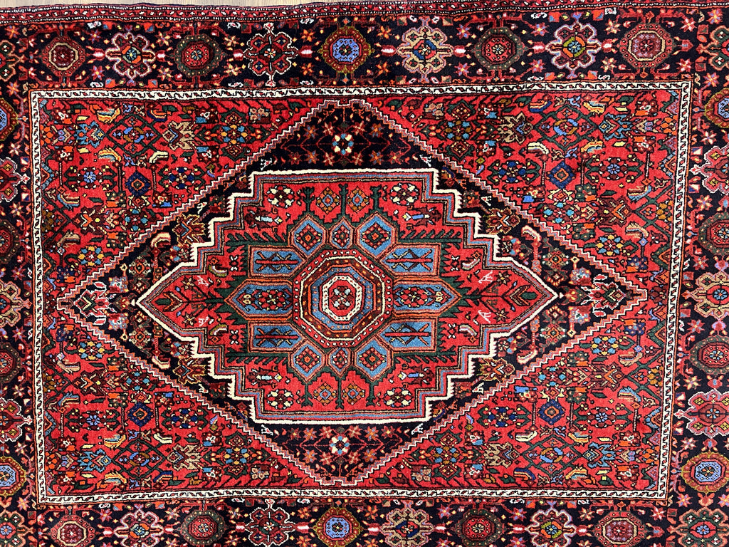 Fine Persian Bidjar Rug 3x5 ft, Ruby Red and Black, Geometric Medallion, Hand Knotted Semi Antique Oriental Bijar Carpet, Wool Area Rug, Tribal Rug