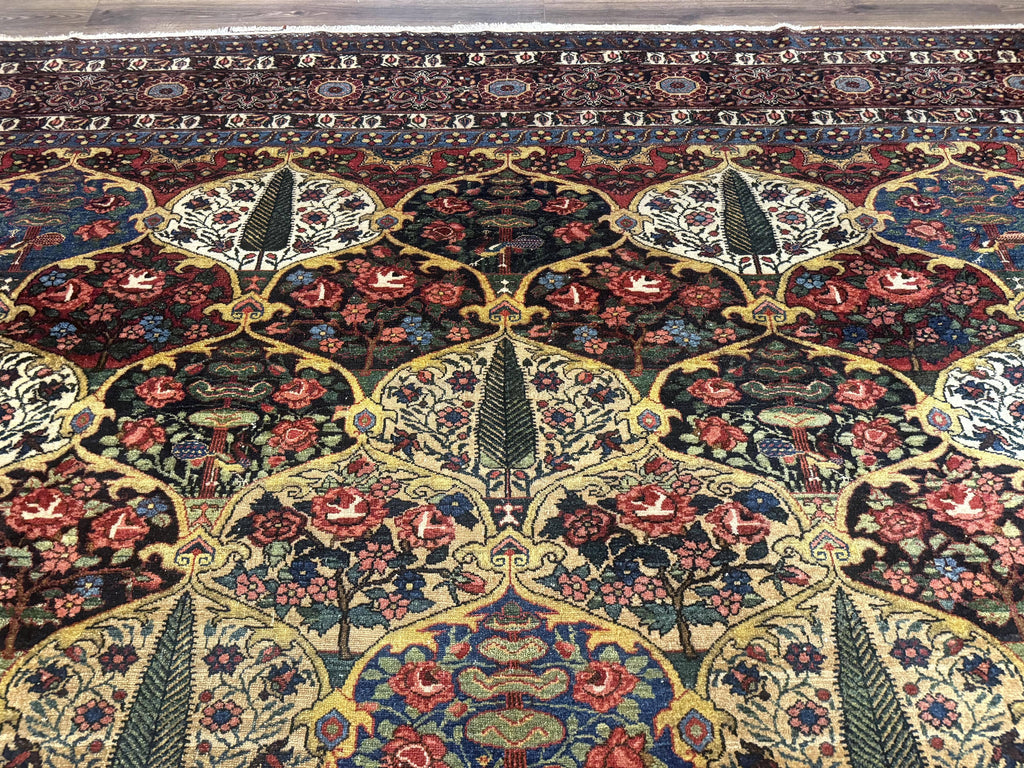 Antique Persian Bakhtiari Rug 12x19, Palace Size Wool Handmade Persian Carpet, Oversized Rug, Panel Design, Peacocks, Multicolor, Rare