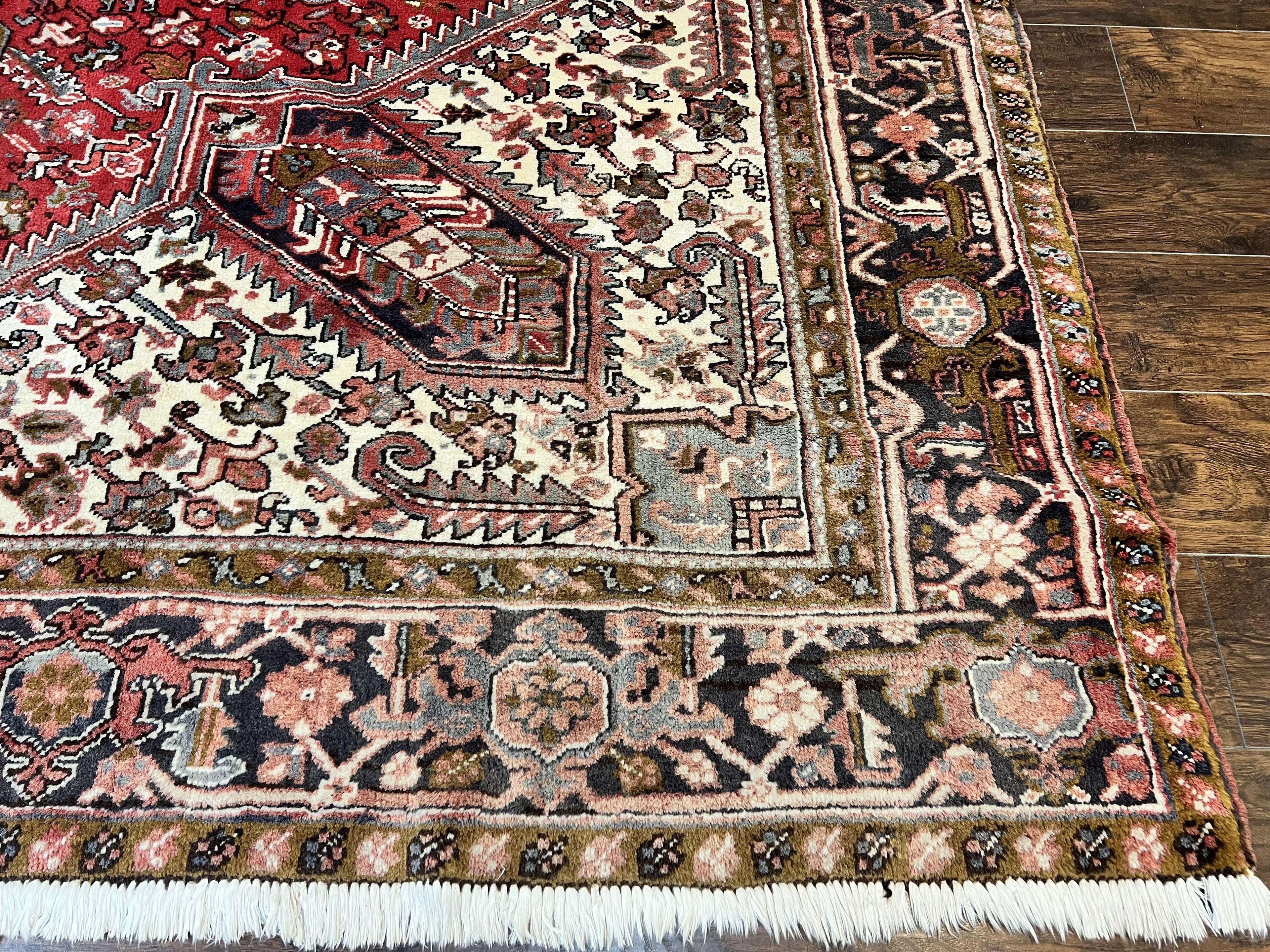Large Persian Heriz Rug 10x13, Wool Hand Knotted Antique Carpet, Red and Ivory, Geometric Tribal Room Sized Rug, Decorative Oriental Rug