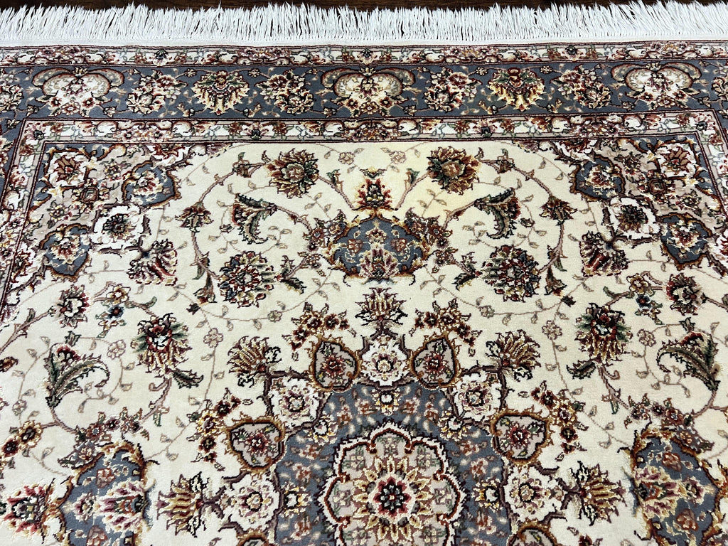 Sino Persian Square Rug 5x5, Very Fine Oriental Carpet, Wool & Silk Highlights, Ivory, Hand Knotted Handmade Vintage Traditional Rug