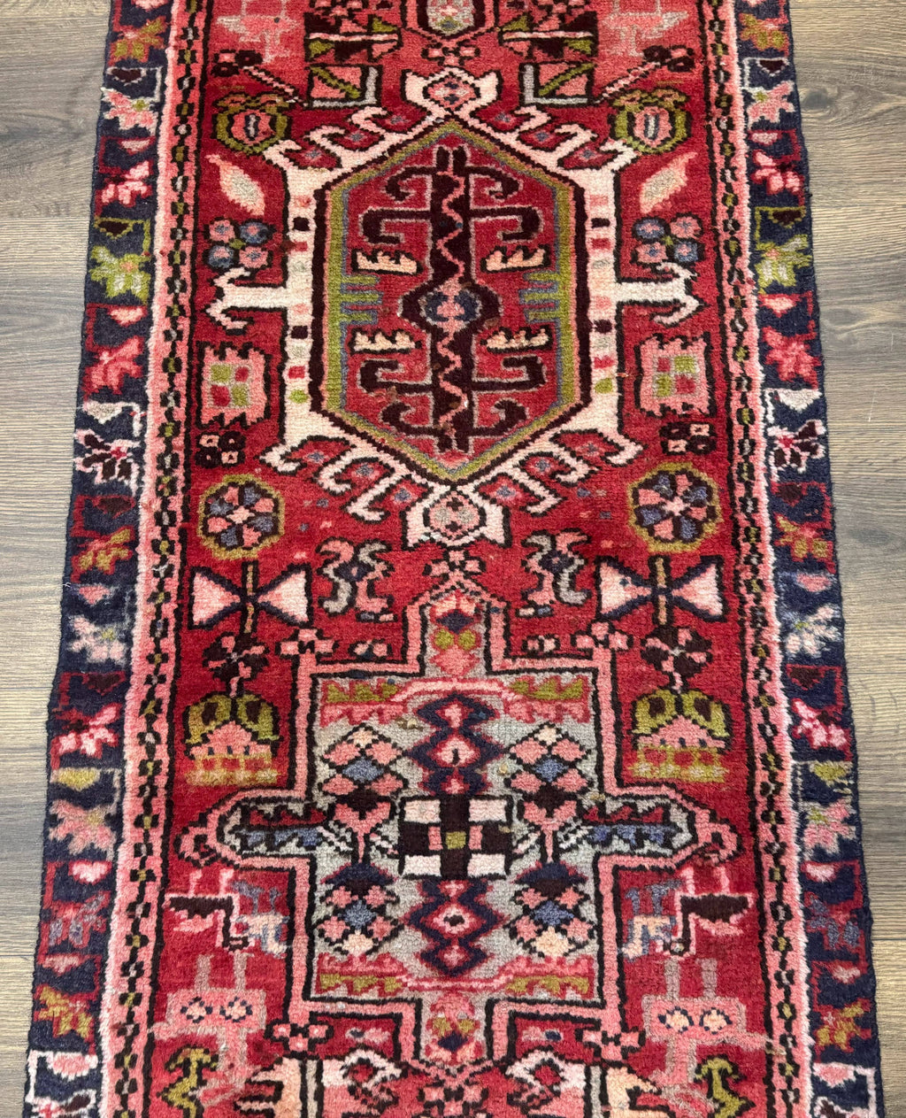 Persian Heriz Karajeh Runner Rug 2x9, Geometric Medallions, Red Navy Blue, 2 x 9 Rug for Hallway