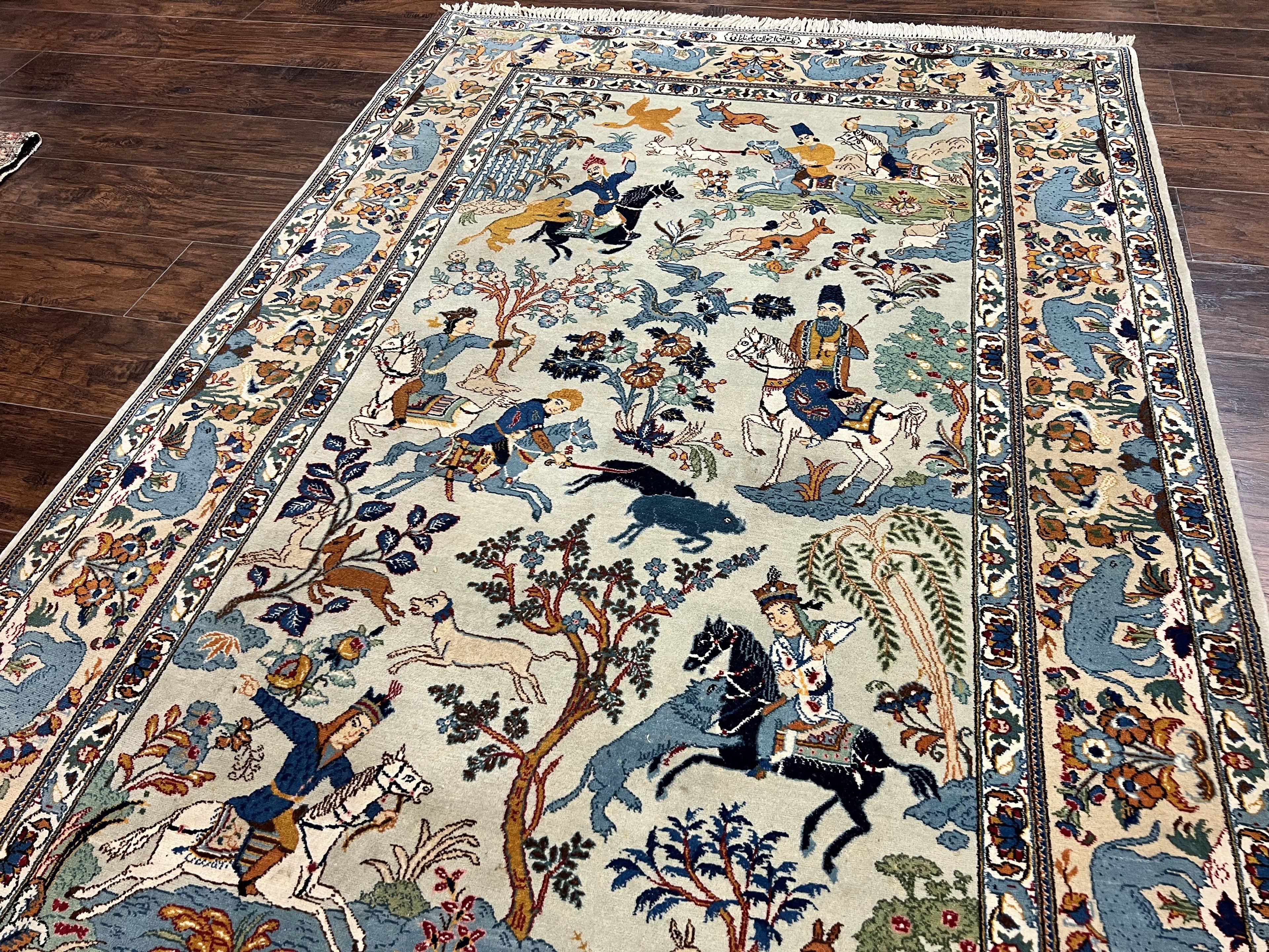Persian Kashan Pictorial Rug 4.6 x 7, Hunting Scene, Signed by Masterweaver, Animal Pictorials, Rare, Handmade, Wool, Vintage, Very Fine