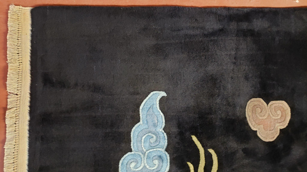 Rare Antique Chinese Art Deco Rug 6x9 with Dragon, Black Chinese Carpet 6 x 9, Hand Knotted Wool Area Rug